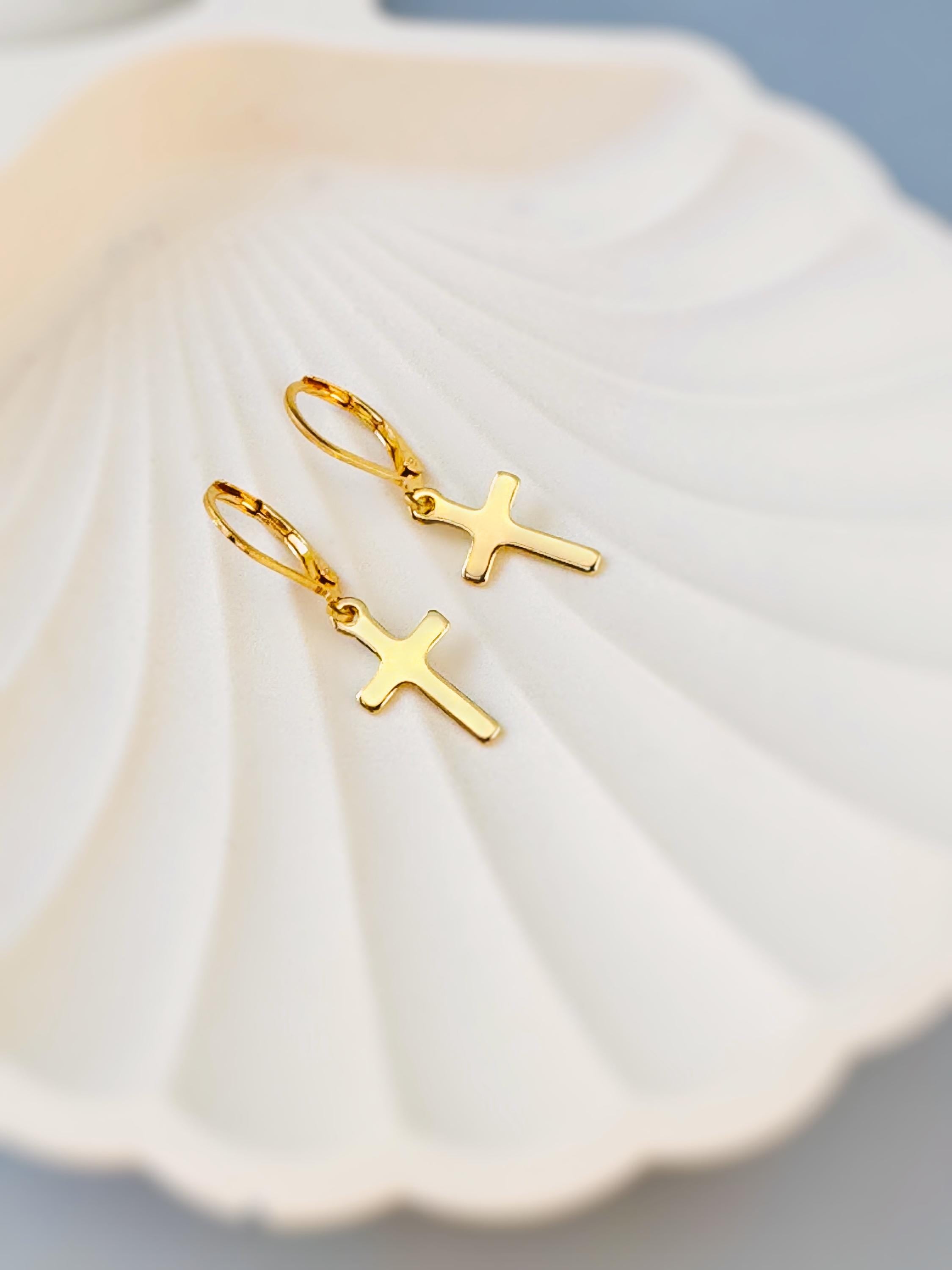 Dainty Silver Cross Earrings dangle gold, silver minimalist religious faith jewelry for women Christian communion confirmation Catholic gift