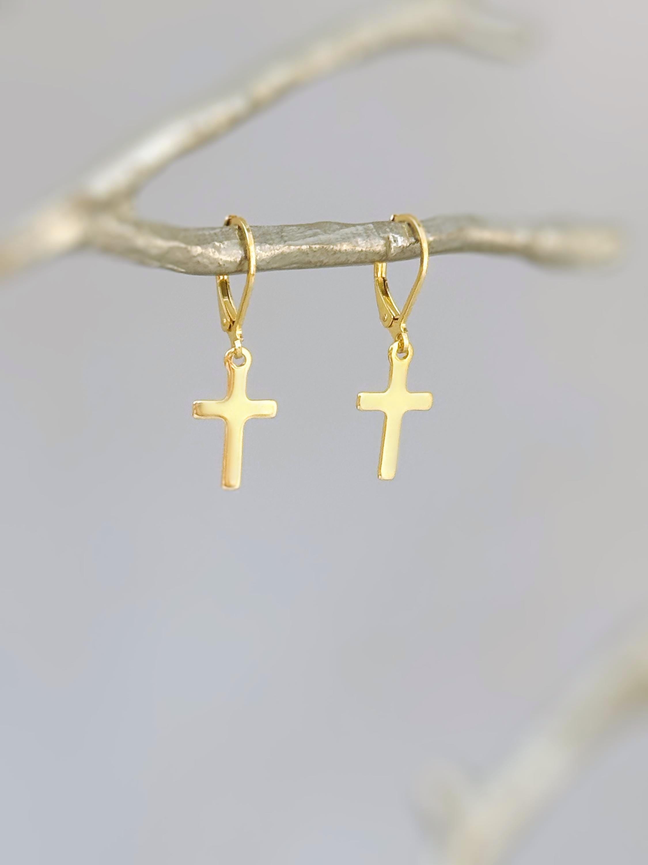 Dainty Gold Cross Earrings dangle 925 sterling silver minimalist religious faith jewelry for women Christian baptism communion confirmation gift mom