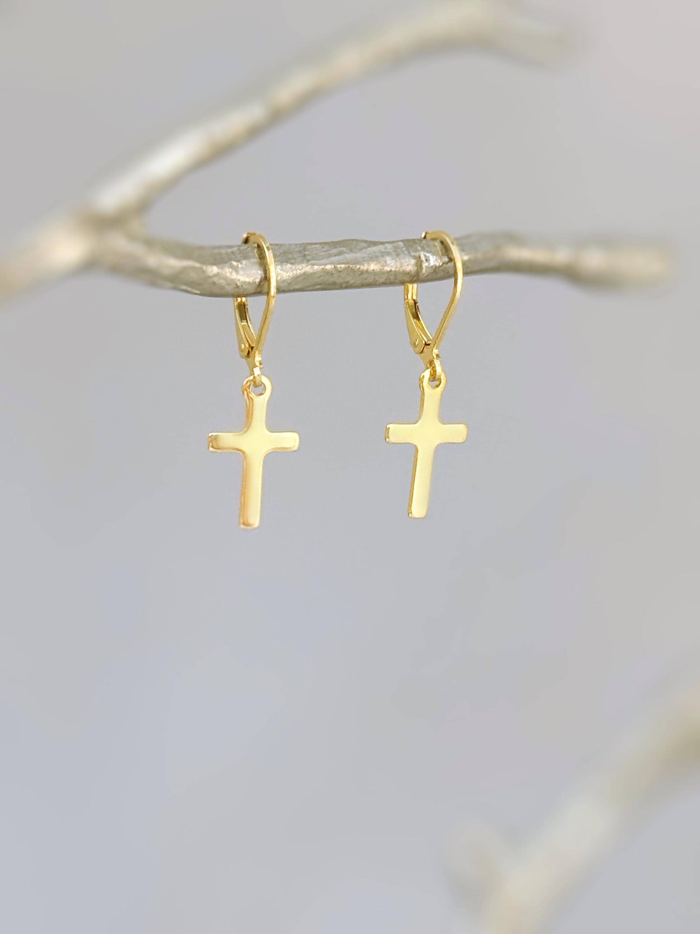 Dainty Gold Cross Earrings dangle 925 sterling silver minimalist religious faith jewelry for women Christian baptism communion confirmation gift mom