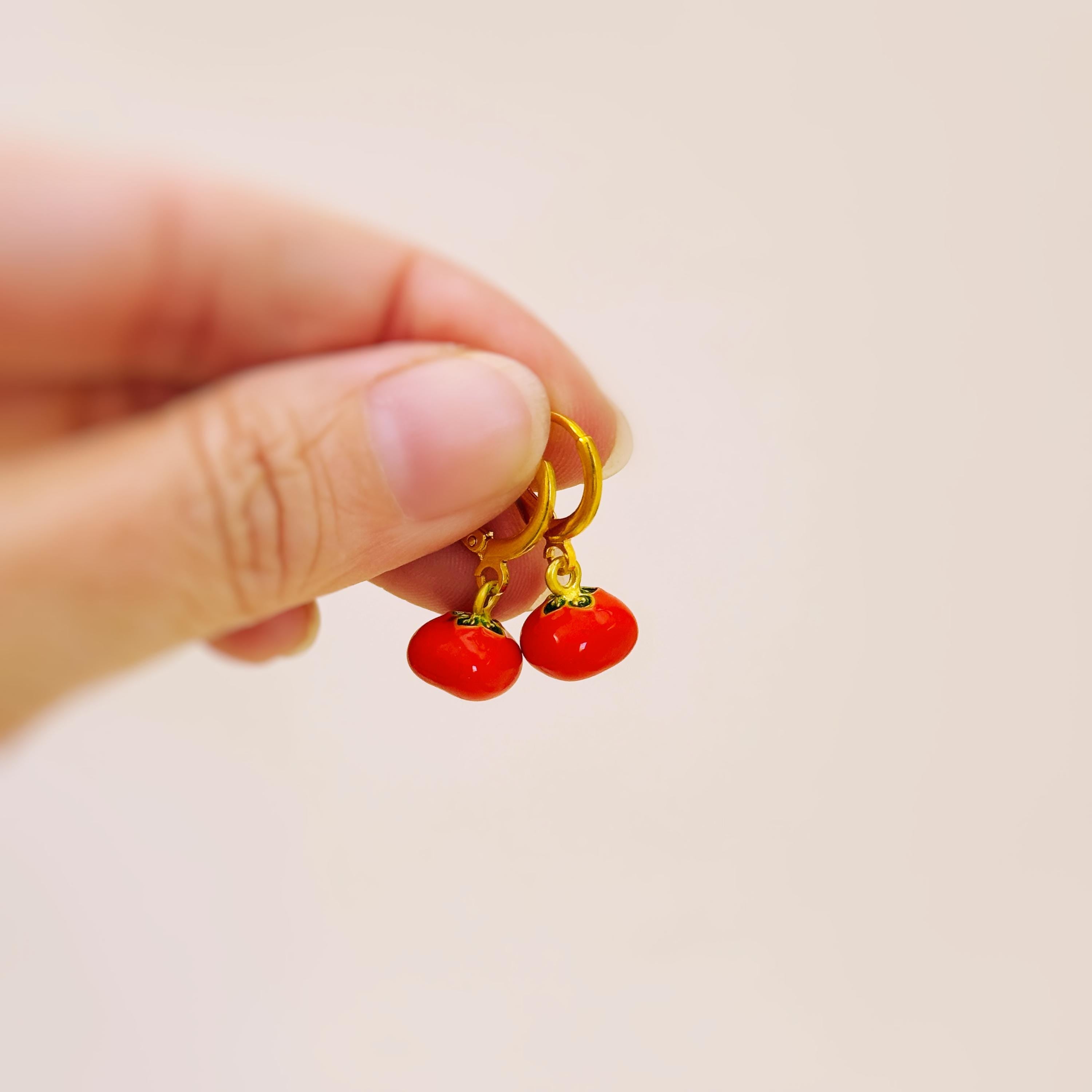 Tomato Earrings gold hoops dangle handmade cute red Fruit Jewelry unique dangling vegetable food earrings gift for foodie, chef, sister, mom