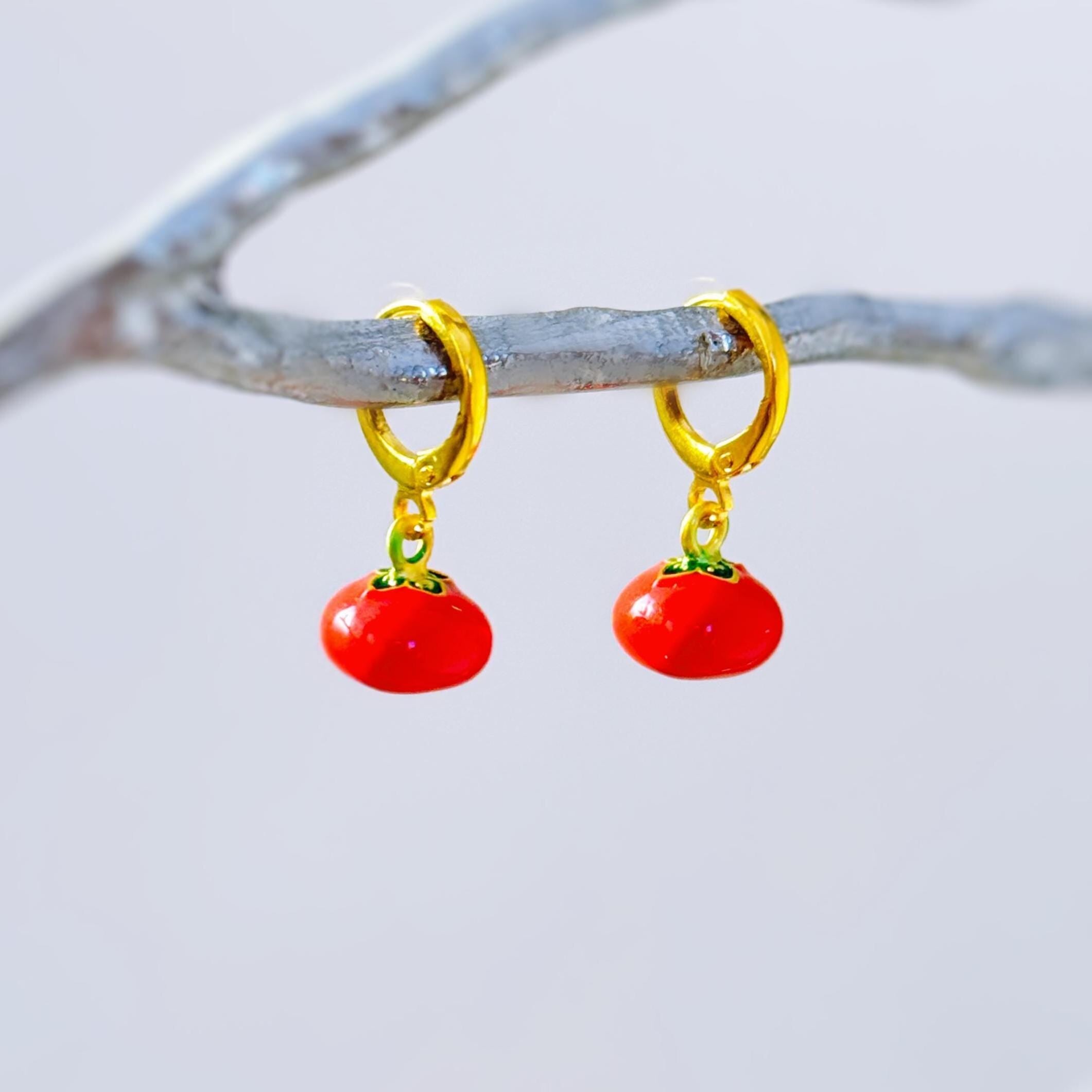 Tomato Earrings gold hoops dangle handmade cute red Fruit Jewelry unique dangling vegetable food earrings gift for foodie, chef, sister, mom