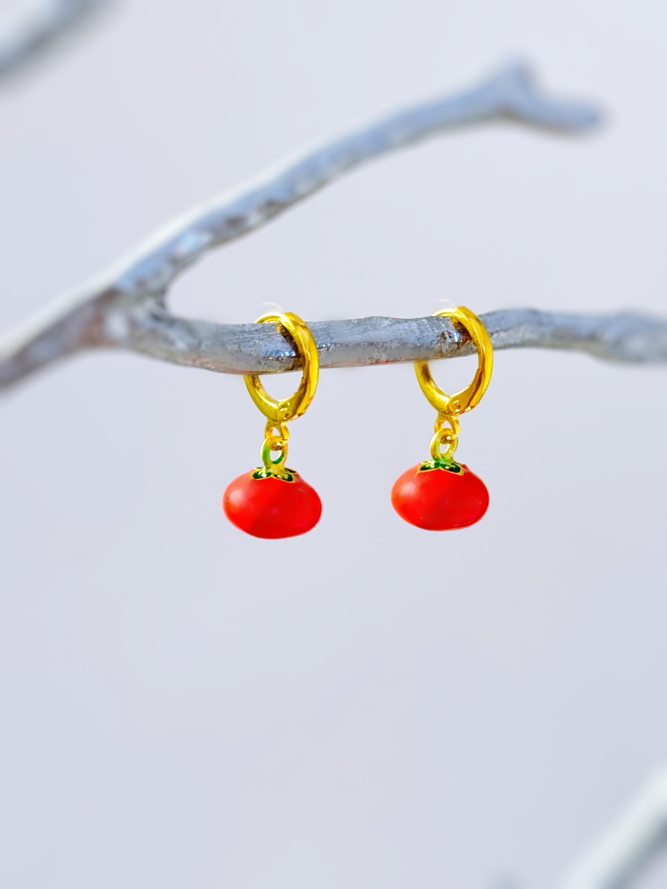 Tomato Earrings gold hoops dangle handmade cute red Fruit Jewelry unique dangling vegetable food earrings gift for foodie, chef, sister, mom
