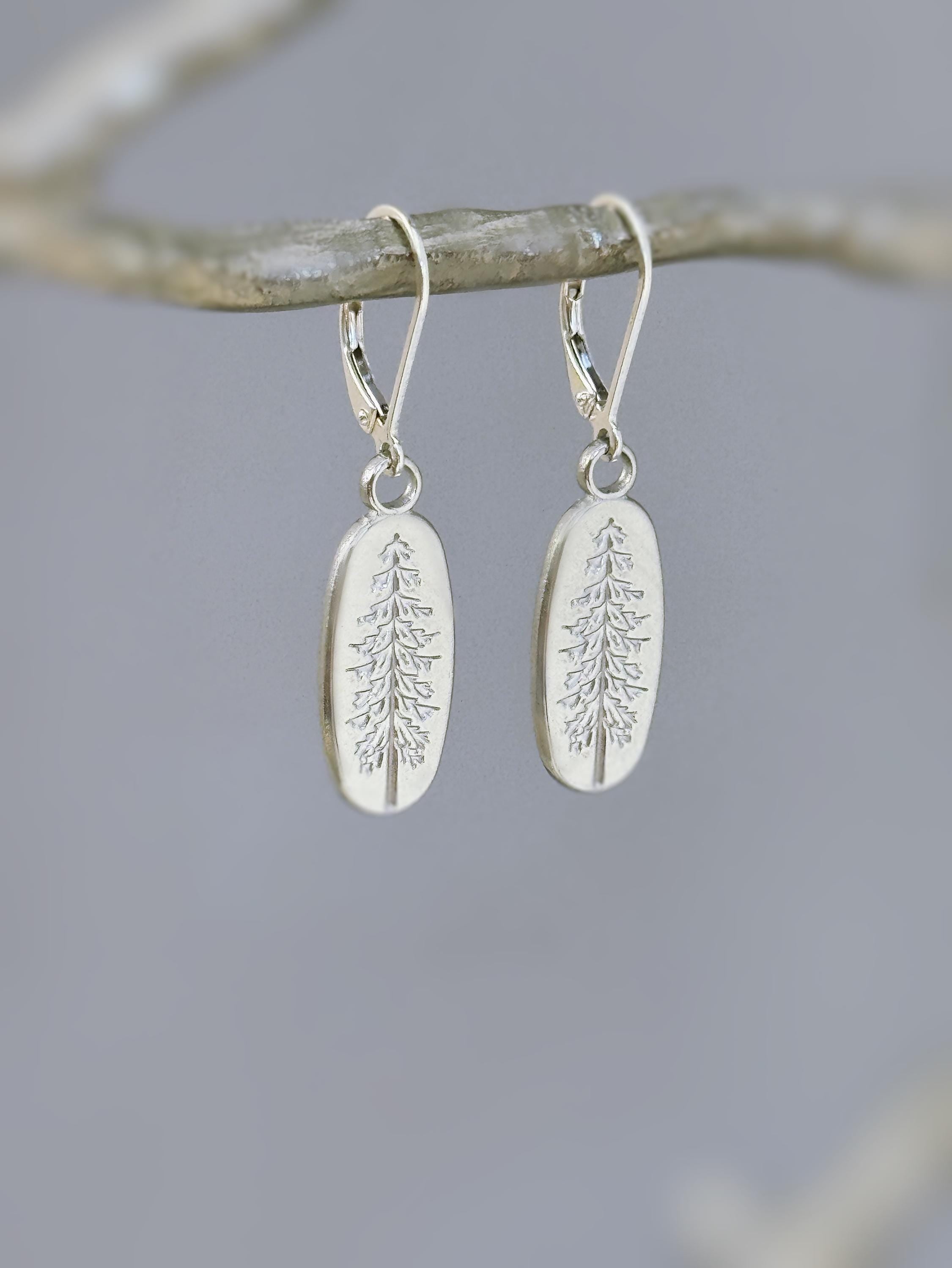 Silver Pine Tree Earrings dangle handmade jewelry gift for hikers and nature lovers minimalist winter pine tree jewelry for her