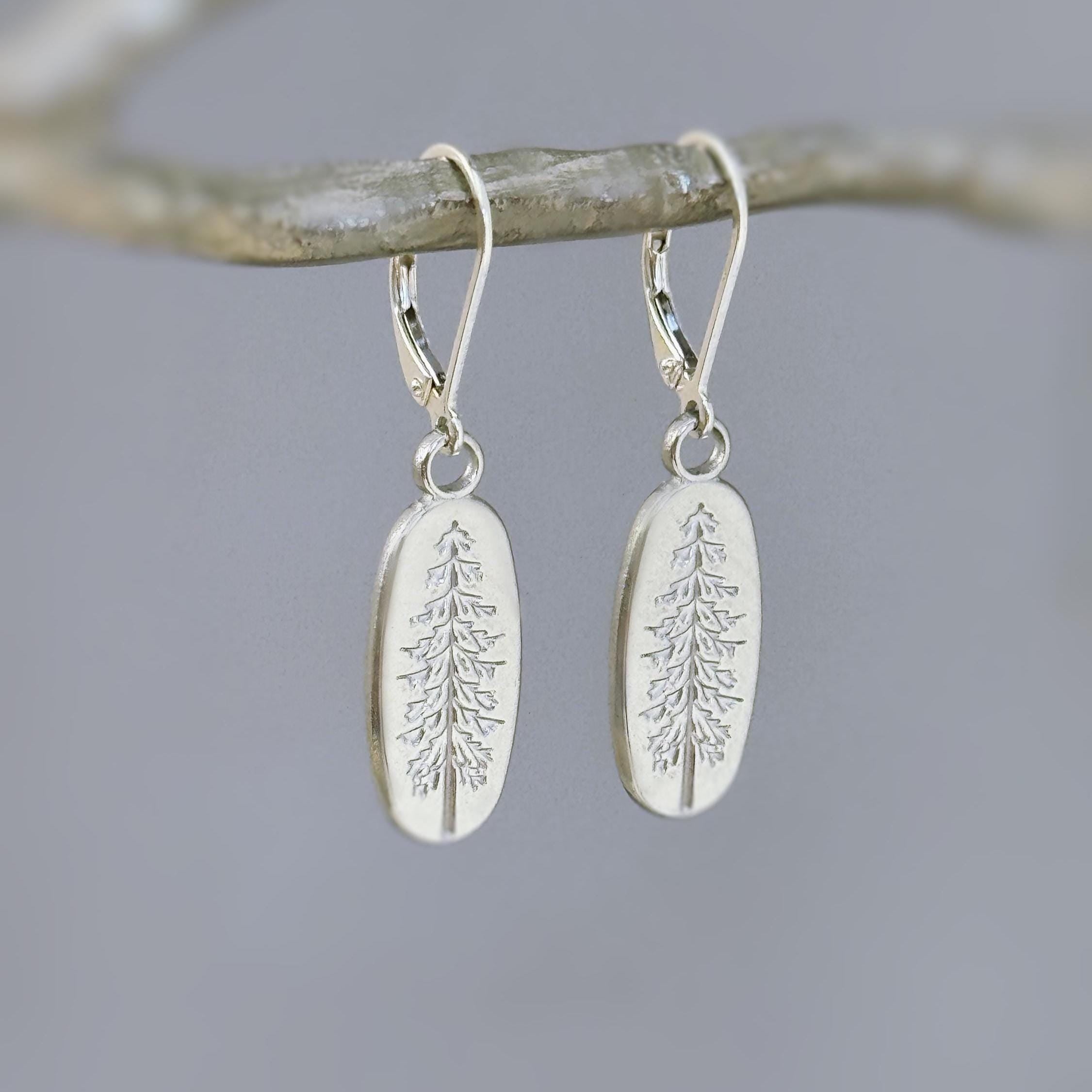 Silver Pine Tree Earrings dangle handmade jewelry gift for hikers and nature lovers minimalist winter pine tree jewelry for her