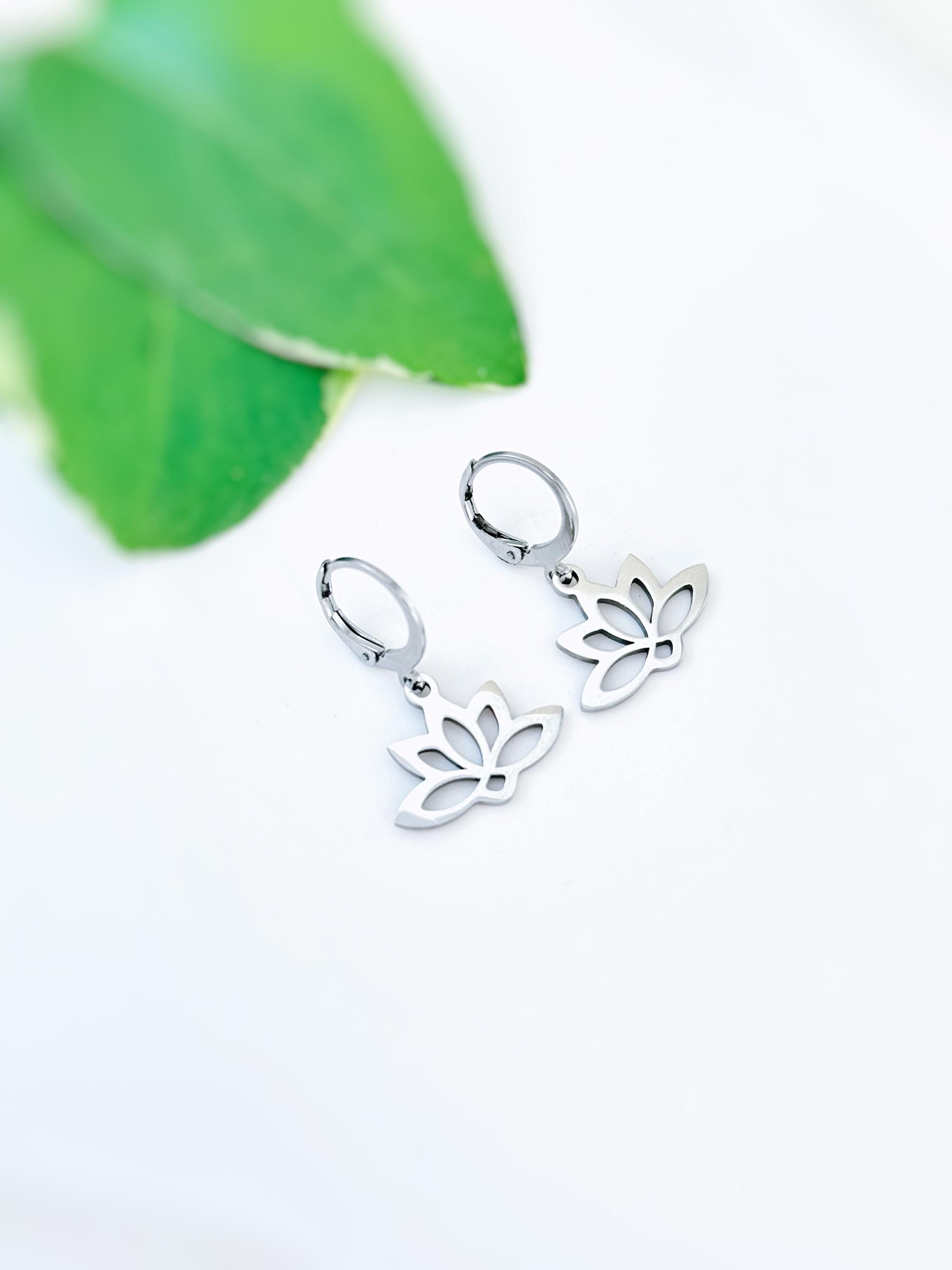 Lotus Earrings Huggie Hoops dangle Gold, Silver Water Lily jewelry