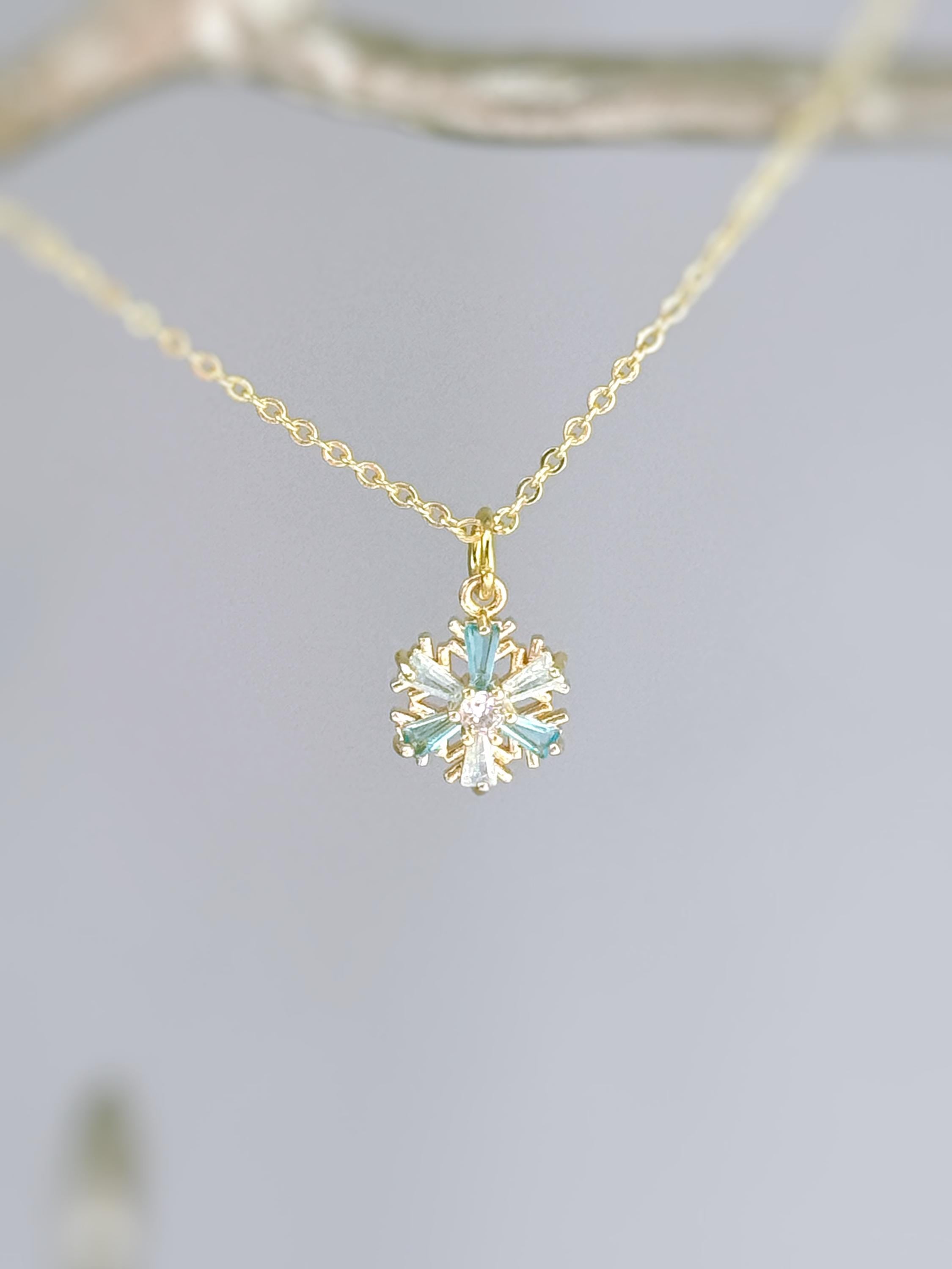 Dainty Blue and Gold Crystal Snowflake Necklace handmade winter party jewelry festive sparkling zirconia necklace for holiday parties