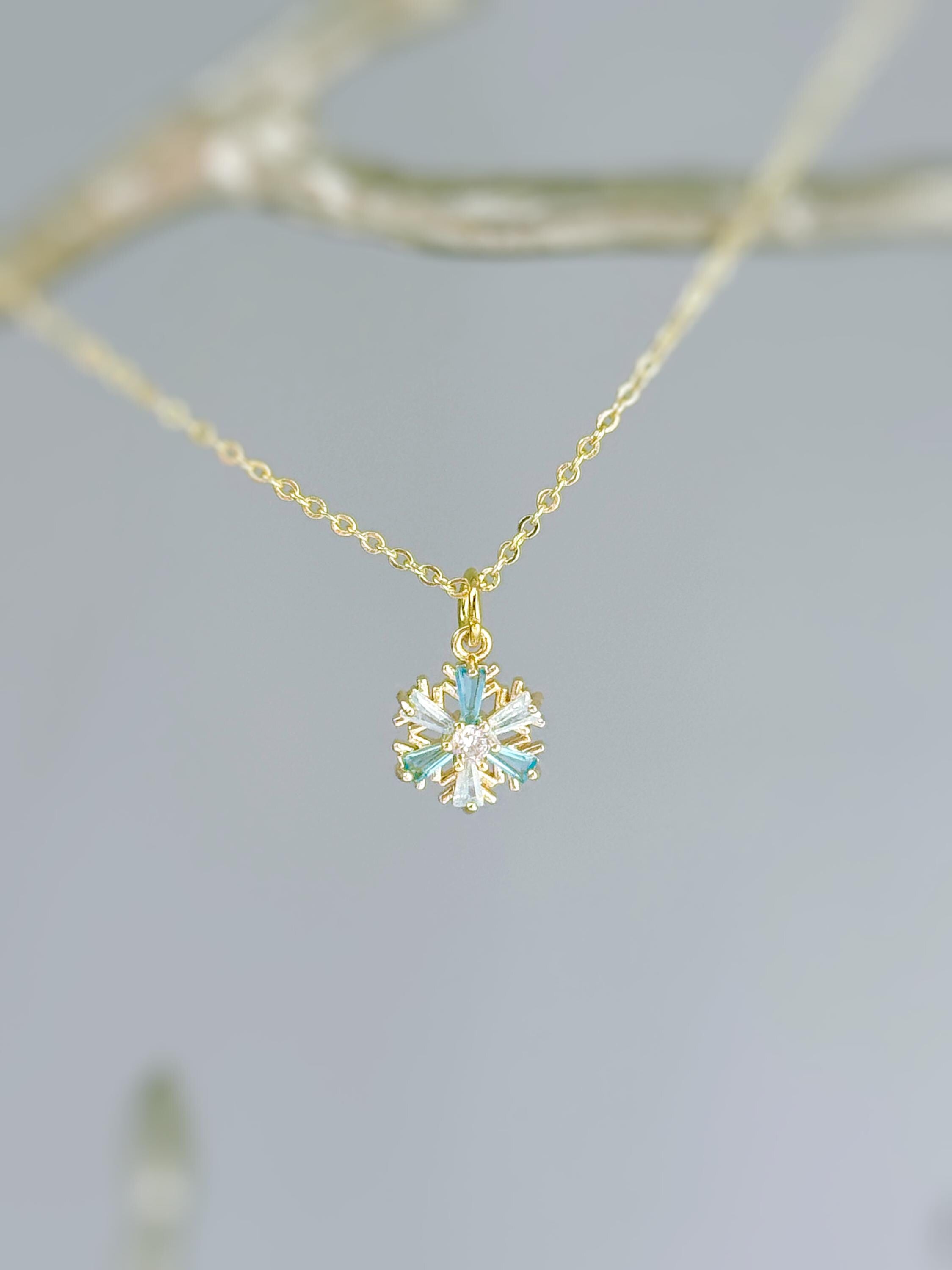 Dainty Blue and Gold Crystal Snowflake Necklace handmade winter party jewelry festive sparkling zirconia necklace for holiday parties