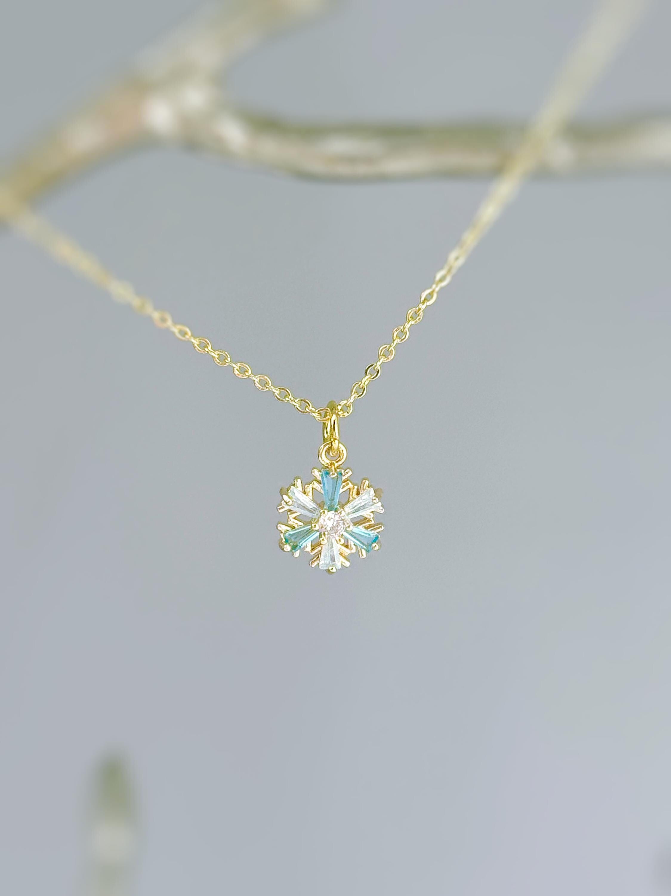 Dainty Blue and Gold Crystal Snowflake Necklace handmade winter party jewelry festive sparkling necklace  for holiday parties