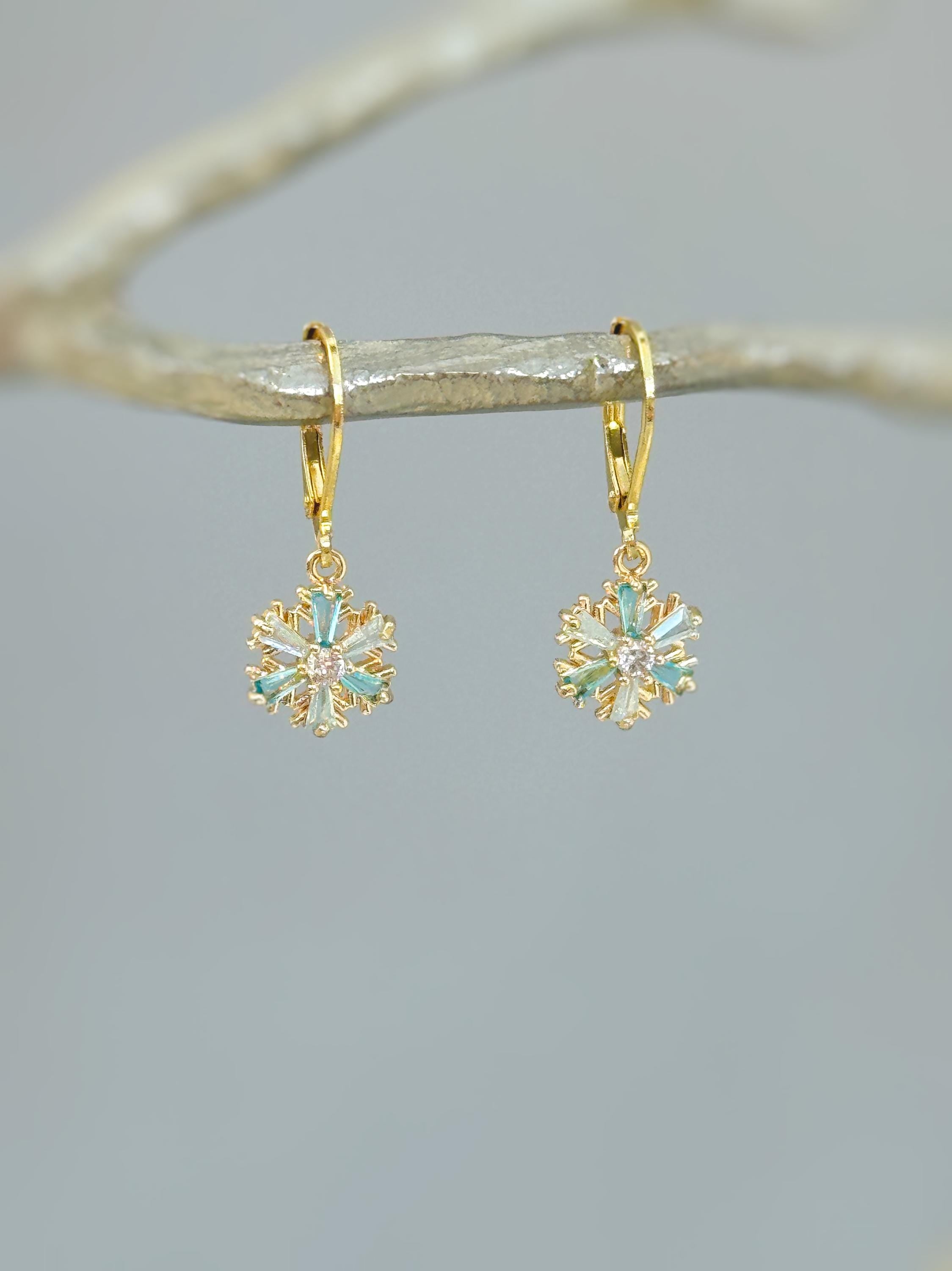 Elegant Gold Hoop Snowflake Earrings dangle handmade blue crystal winter Christmas jewelry for holiday parties festive sparkling earrings