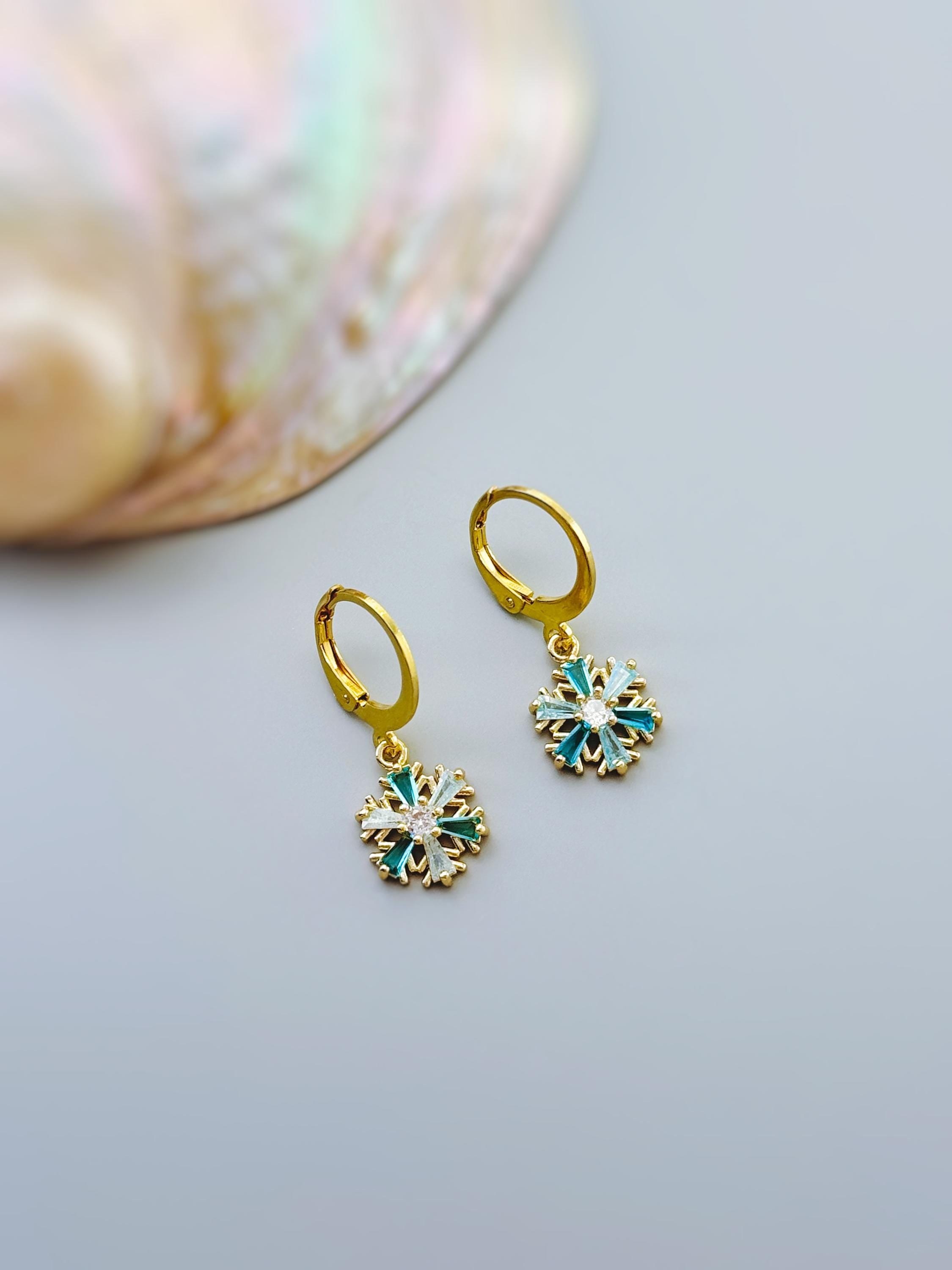 Elegant Gold Hoop Snowflake Earrings dangle handmade blue crystal winter Christmas jewelry for holiday parties festive sparkling earrings