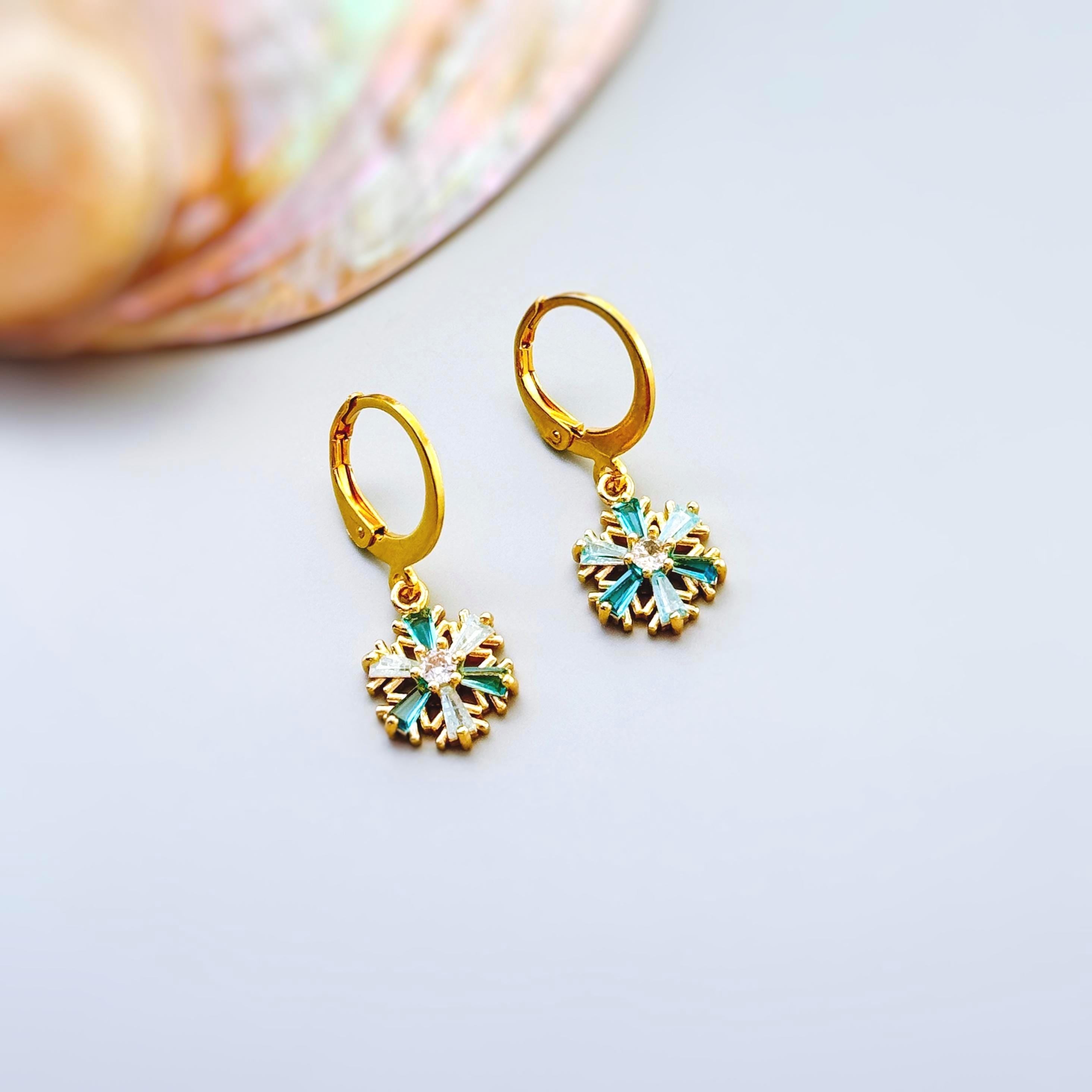Elegant Gold Hoop Snowflake Earrings dangle handmade blue crystal winter Christmas jewelry for holiday parties festive sparkling earrings
