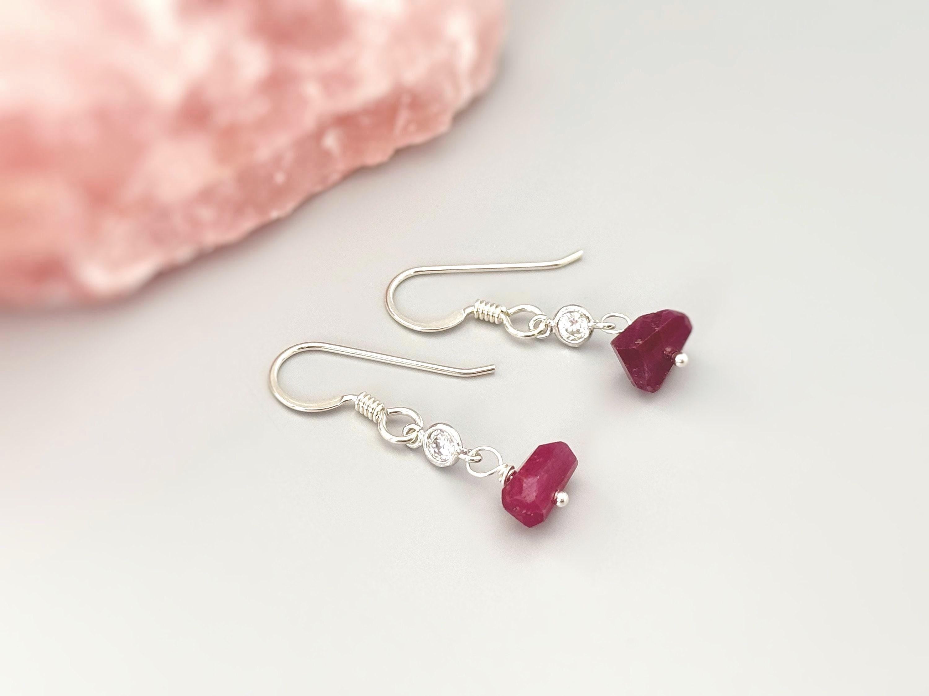 Raw Pink Sapphire Earrings Sterling Silver, Dangly Gold or rose gold dainty real gemstone crystal jewelry September Birthstone handmade gift for wife, mom, sister