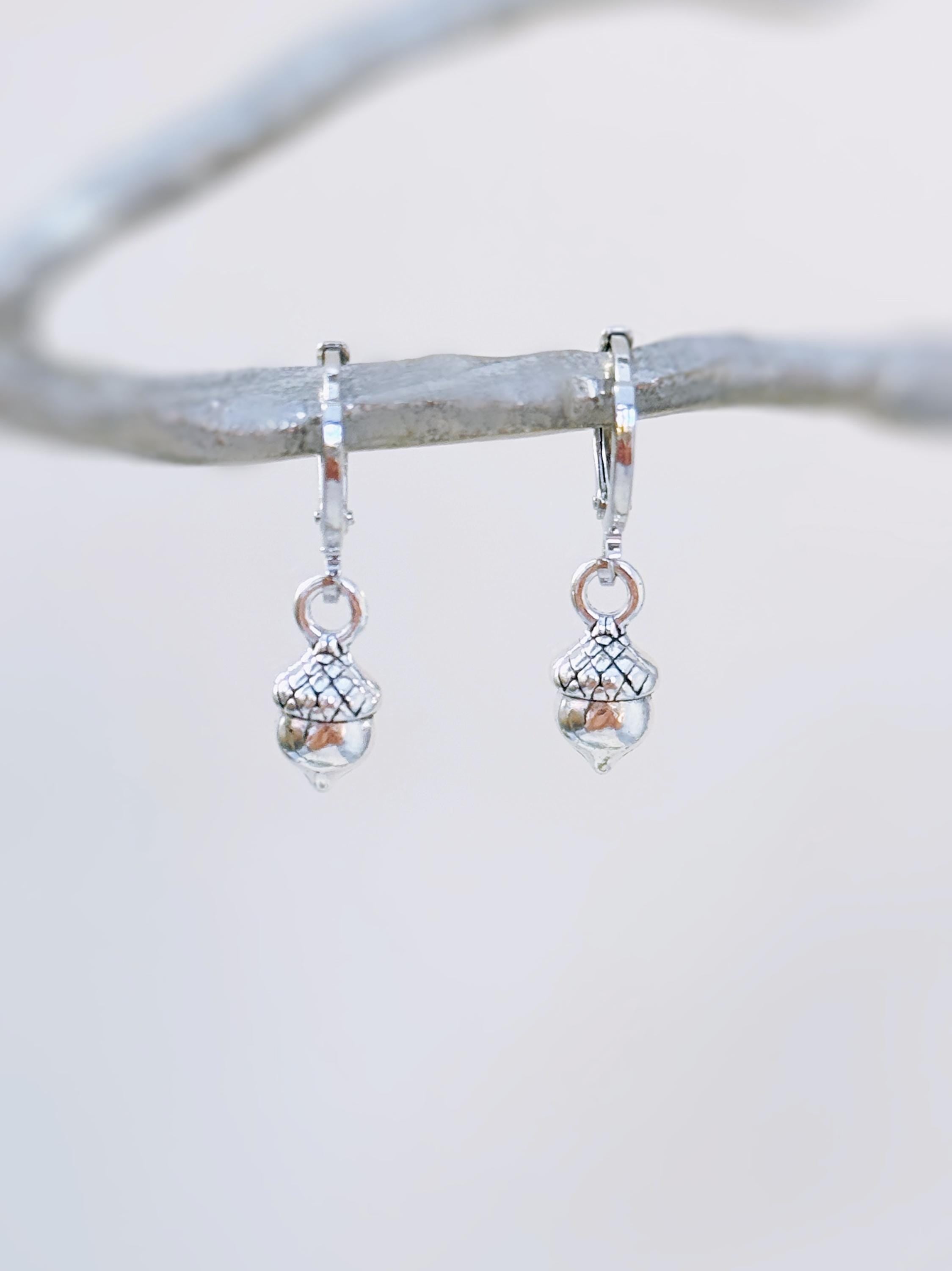 Dainty Gold Acorn Earrings dangle Huggie Hoop handmade nature autumn fall jewelry for women earthy woodland gifts for sister, friend, mom