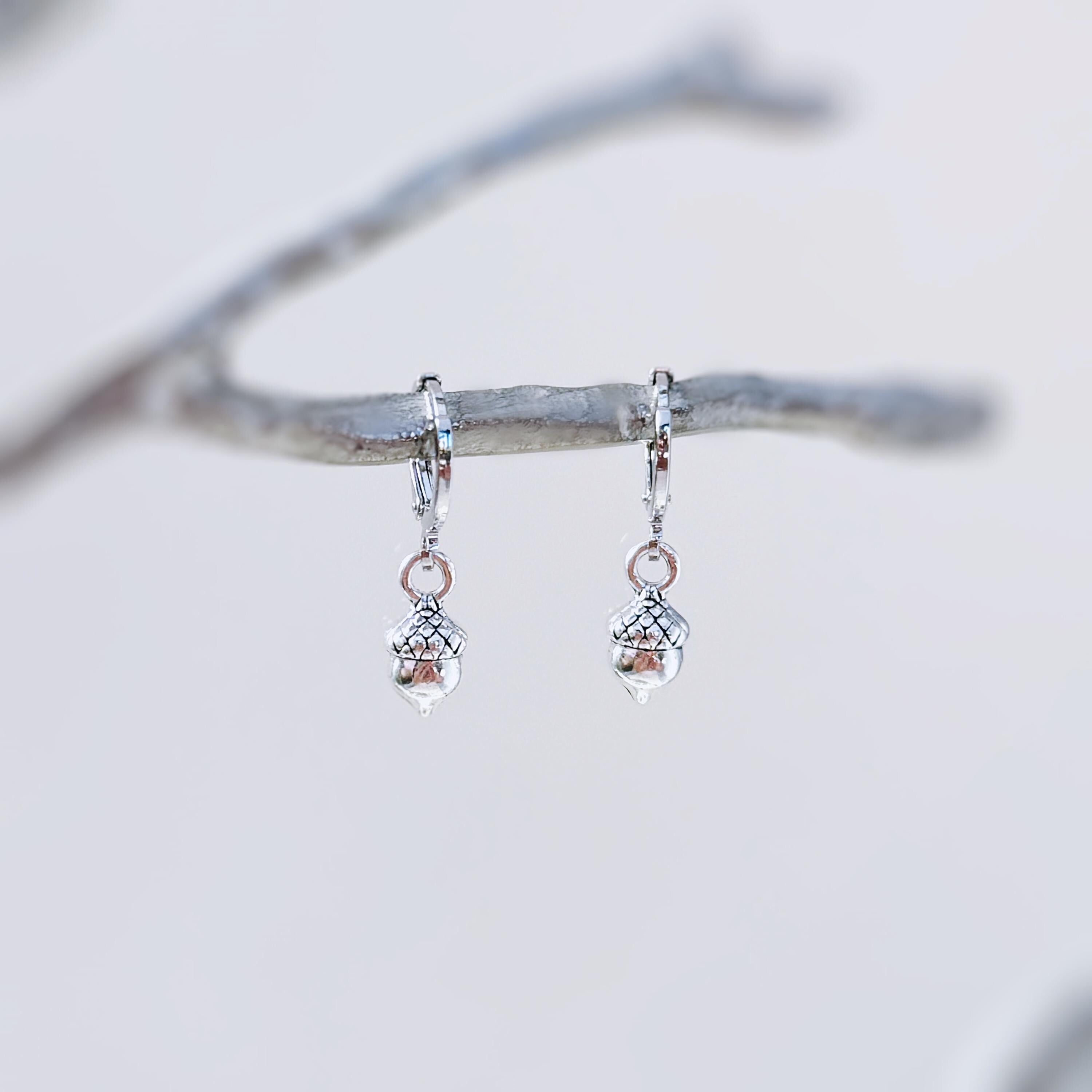 Dainty Gold Acorn Earrings dangle Huggie Hoop handmade nature autumn fall jewelry for women earthy woodland gifts for sister, friend, mom