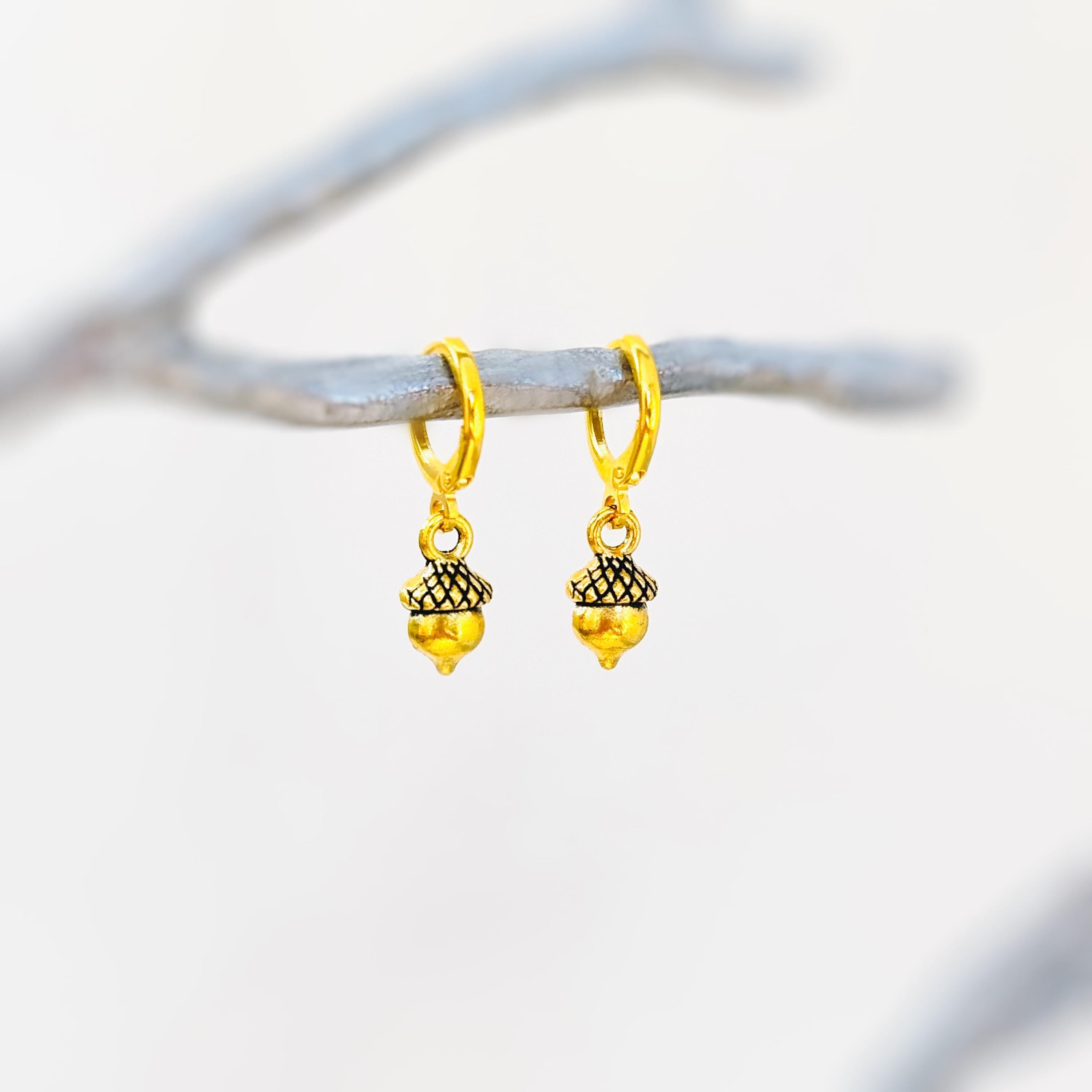 Dainty Gold Acorn Earrings dangle Huggie Hoop handmade nature autumn fall jewelry for women earthy woodland gifts for sister, friend, mom