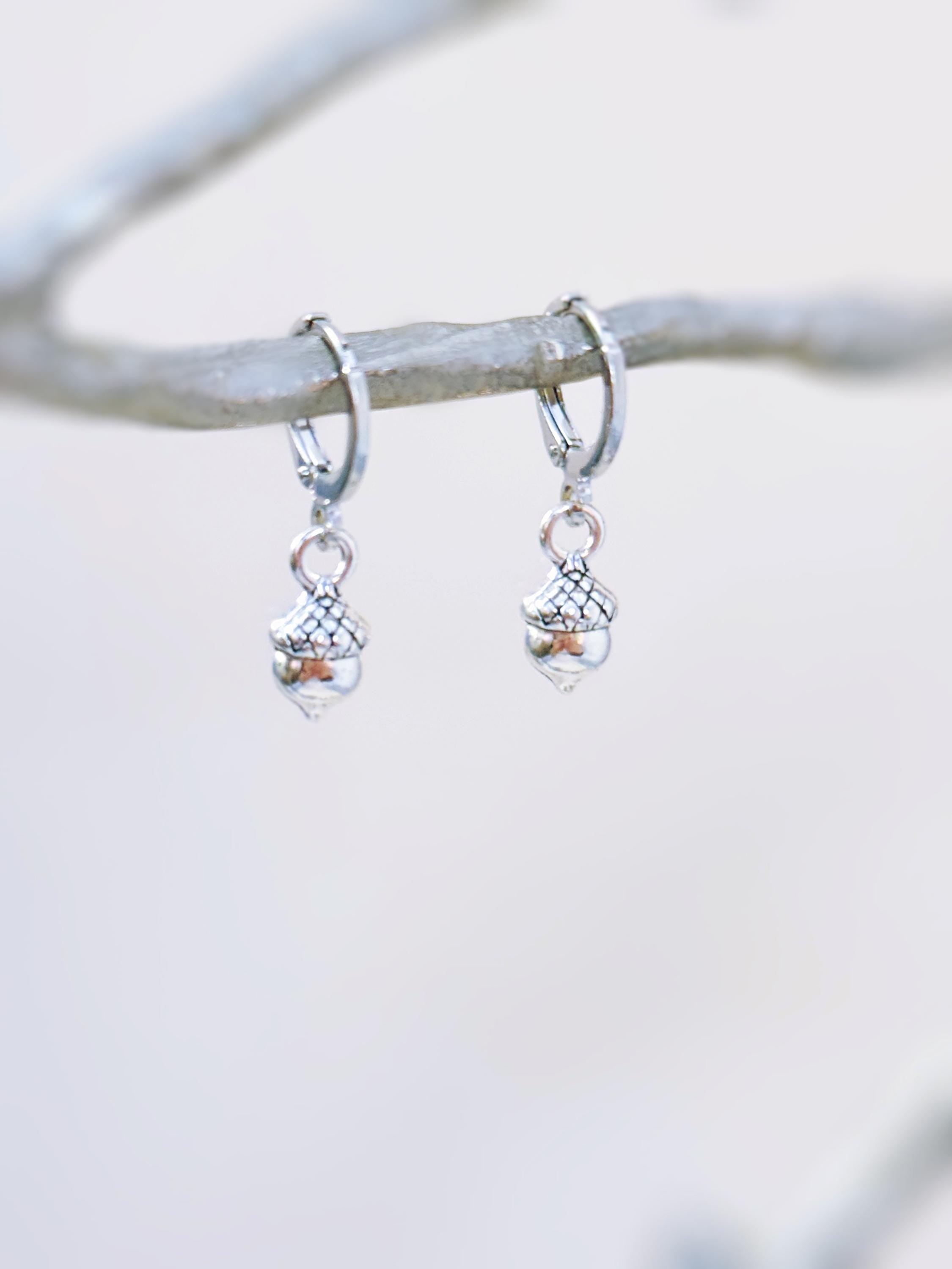 Dainty Gold Acorn Earrings dangle Huggie Hoop handmade nature autumn fall jewelry for women earthy woodland gifts for sister, friend, mom