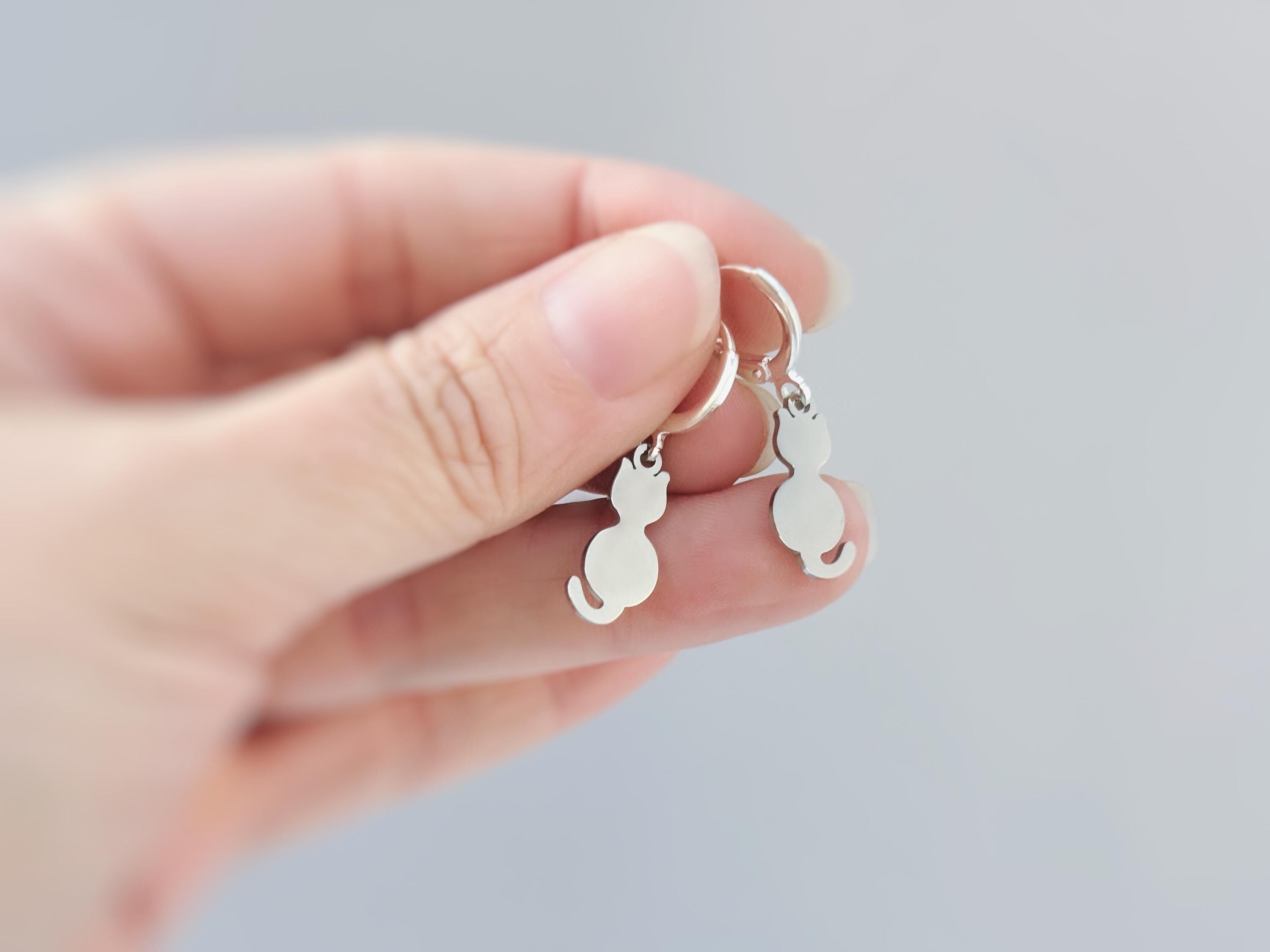 Dainty Cat Earrings dangle gold Huggie Hoops handmade silver kitten jewelry unique gift for cat moms, animal lovers veterinarians, vet techs