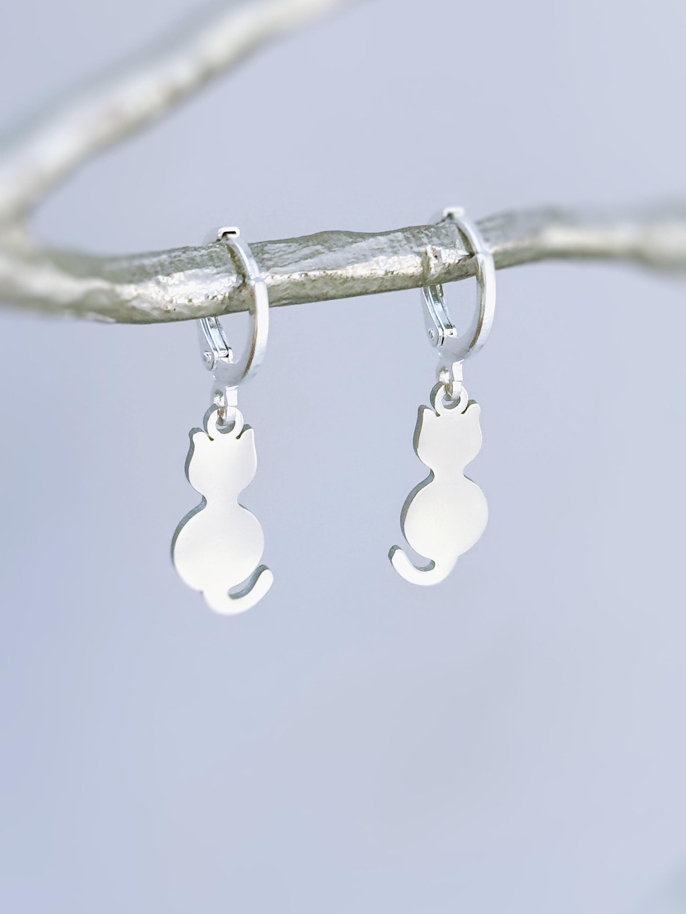 Dainty Cat Earrings dangle gold Huggie Hoops handmade silver kitten jewelry unique gift for cat moms, animal lovers veterinarians, vet techs