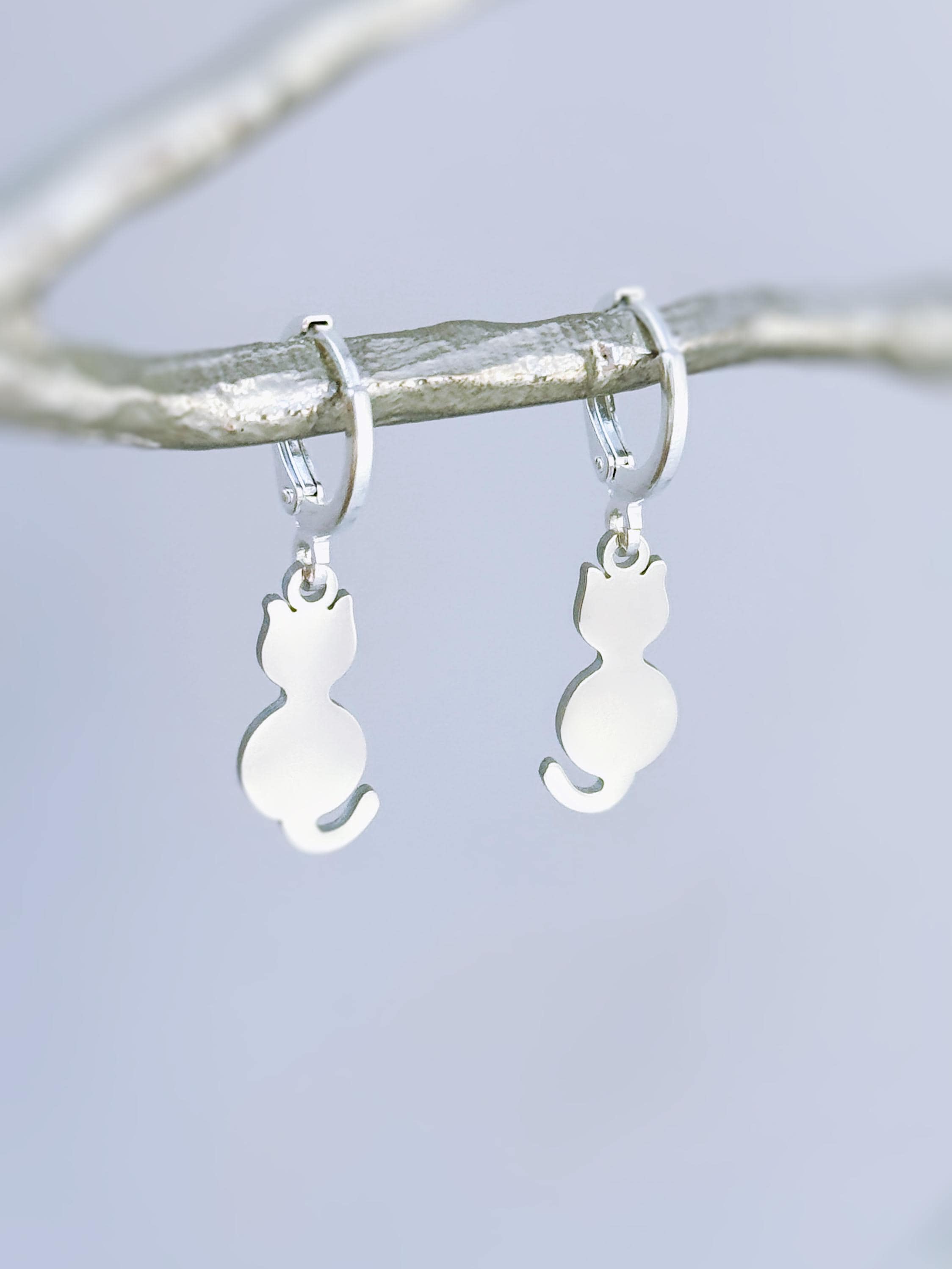 Dainty Cat Earrings dangle silver Huggie Hoops gold handmade kitten jewelry unique gift for cat moms, animal lovers veterinarians, vet techs