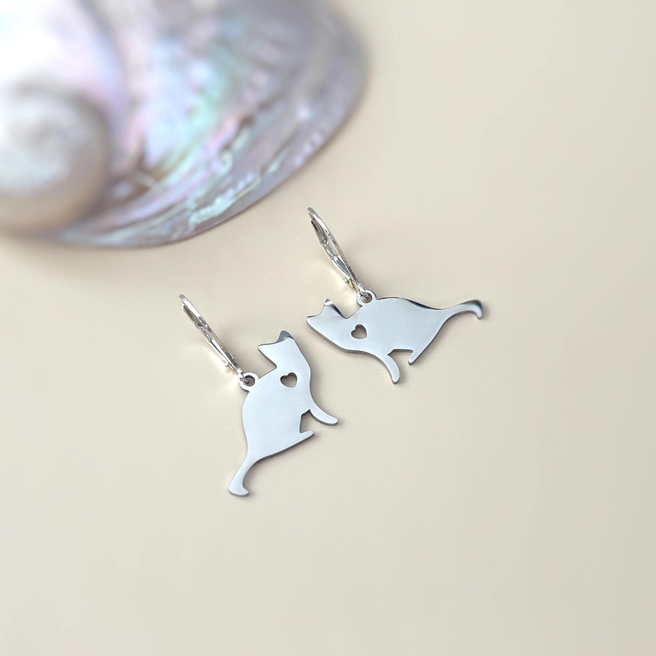 Cat Earrings dangle silver handmade animal jewelry unique whimsical fun gift for kitten kitty lovers, vets, mom, sister, bff grandma