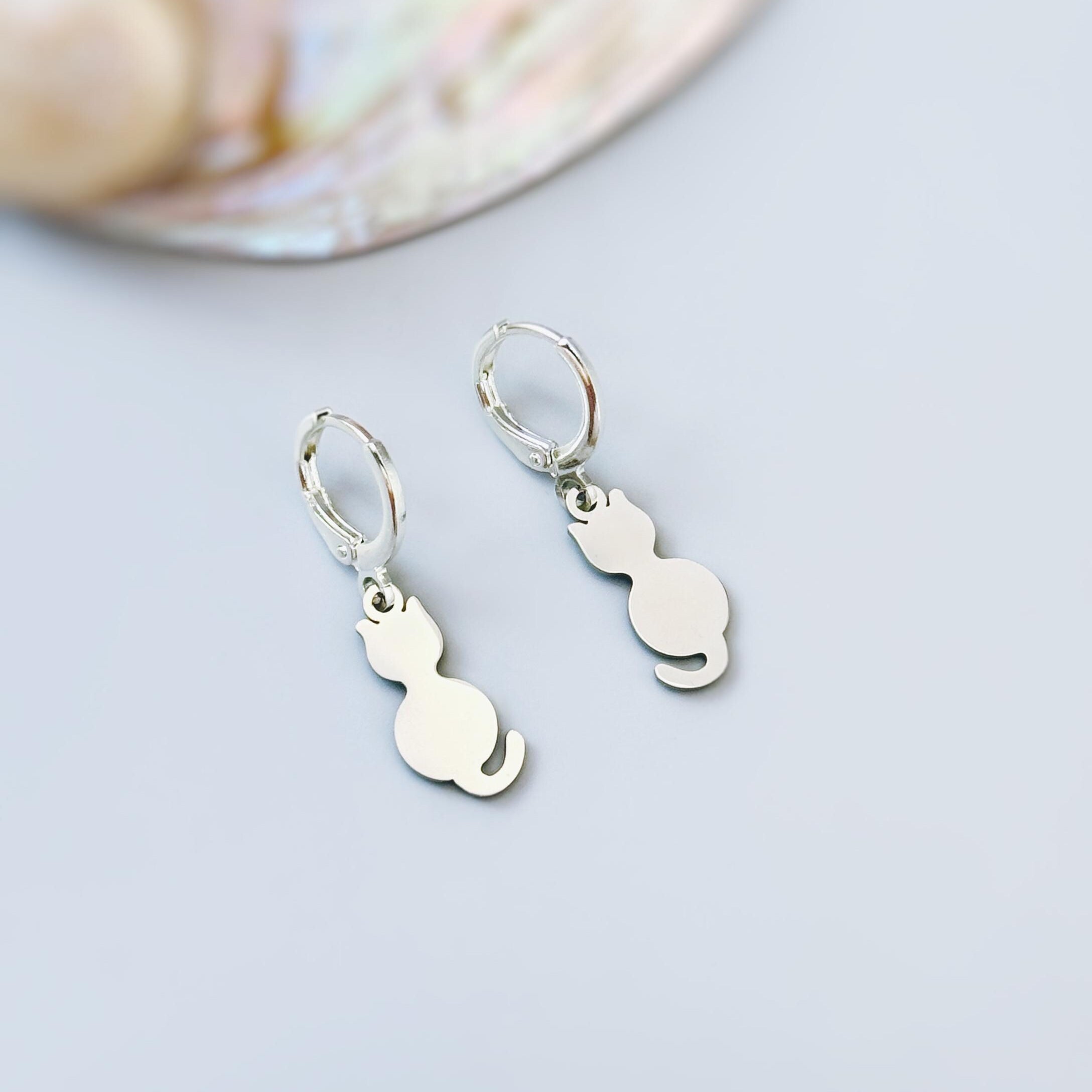 Dainty Cat Earrings dangle silver Huggie Hoops gold handmade kitten jewelry unique gift for cat moms, animal lovers veterinarians, vet techs