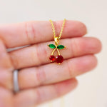Dainty Gold Cherry Necklace cute red and green fruit jewelry food pendant for women unique, trendy charm pendant gift for foodie, chef, mom