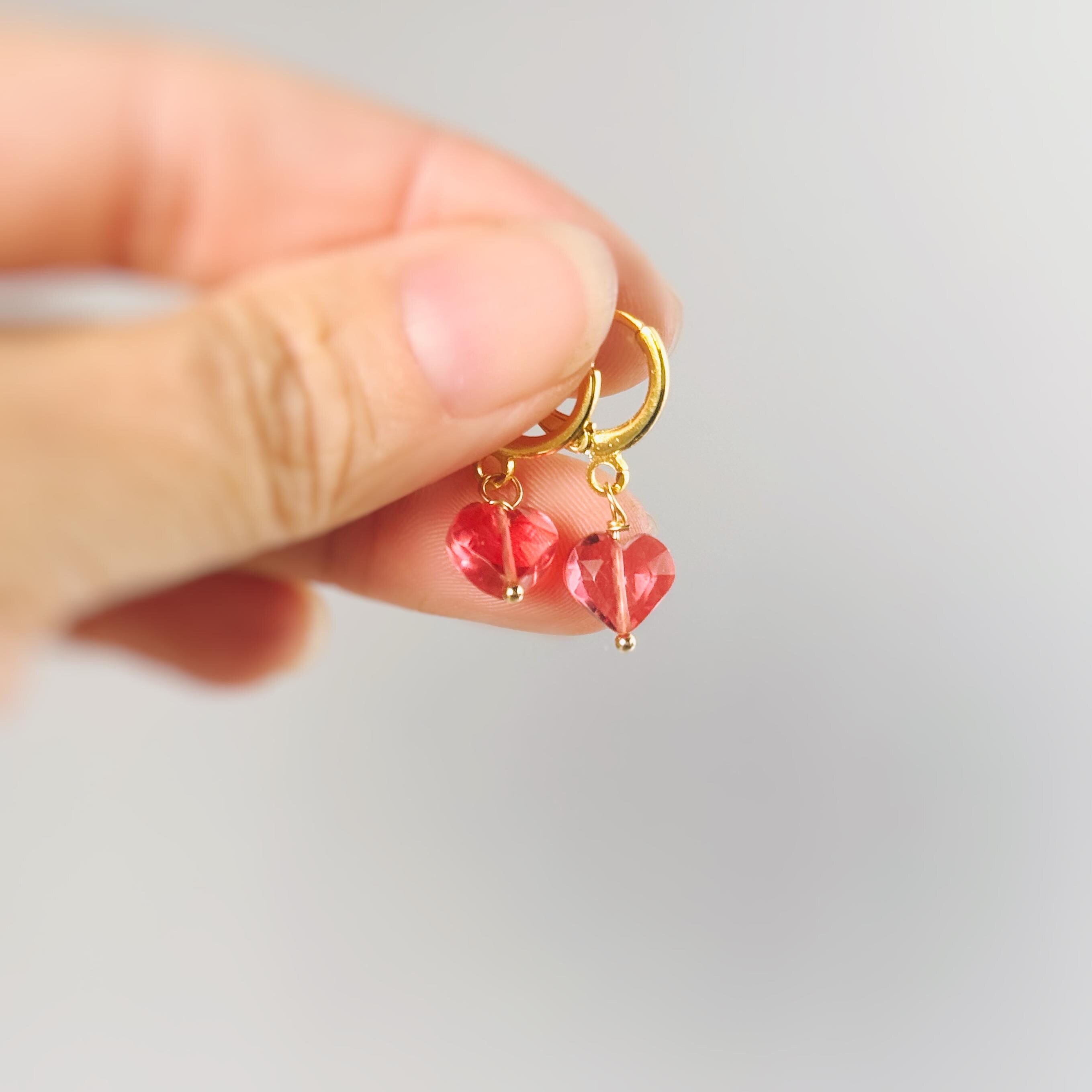 Dainty Pink Tourmaline Heart Earrings Gold Huggie Hoops Dangle charms Silver, Rose Gold romantic birthday gift girlfriend wife sister mom