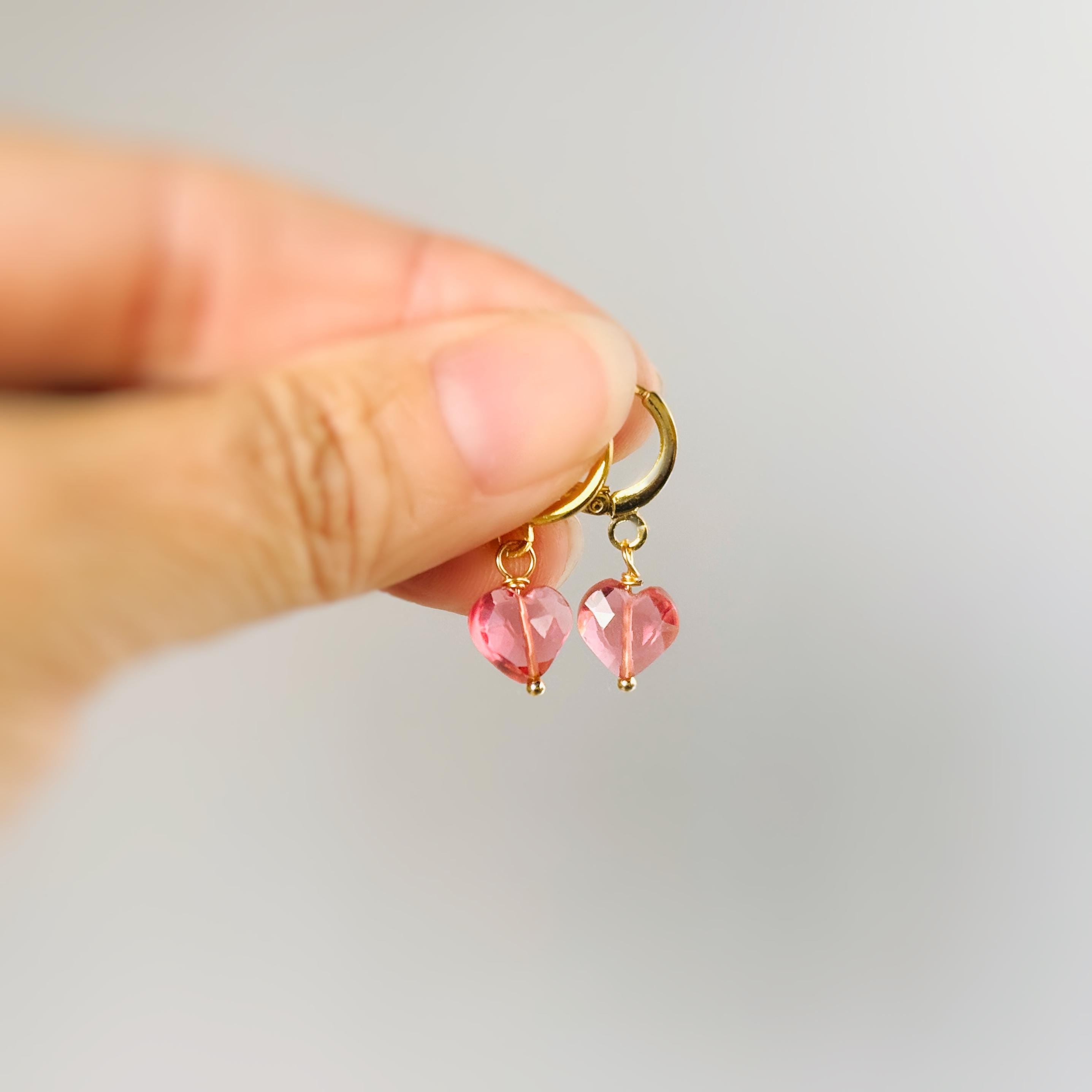 Dainty Pink Tourmaline Heart Earrings Gold Huggie Hoops Dangle charms Silver, Rose Gold romantic birthday gift girlfriend wife sister mom