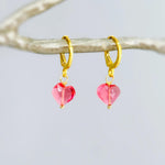 Pink Tourmaline Heart Earrings Gold Huggie Hoops Dangle charms Silver, Rose Gold romantic birthday gift girlfriend wife sister daughter mom