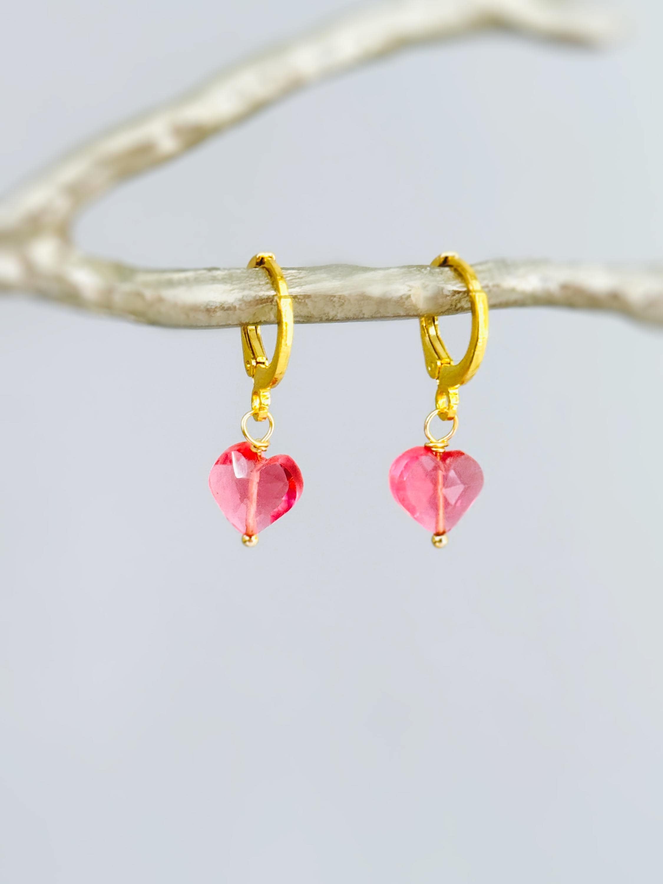 Pink Tourmaline Heart Earrings Gold Huggie Hoops Dangle charms Silver, Rose Gold romantic birthday gift girlfriend wife sister daughter mom