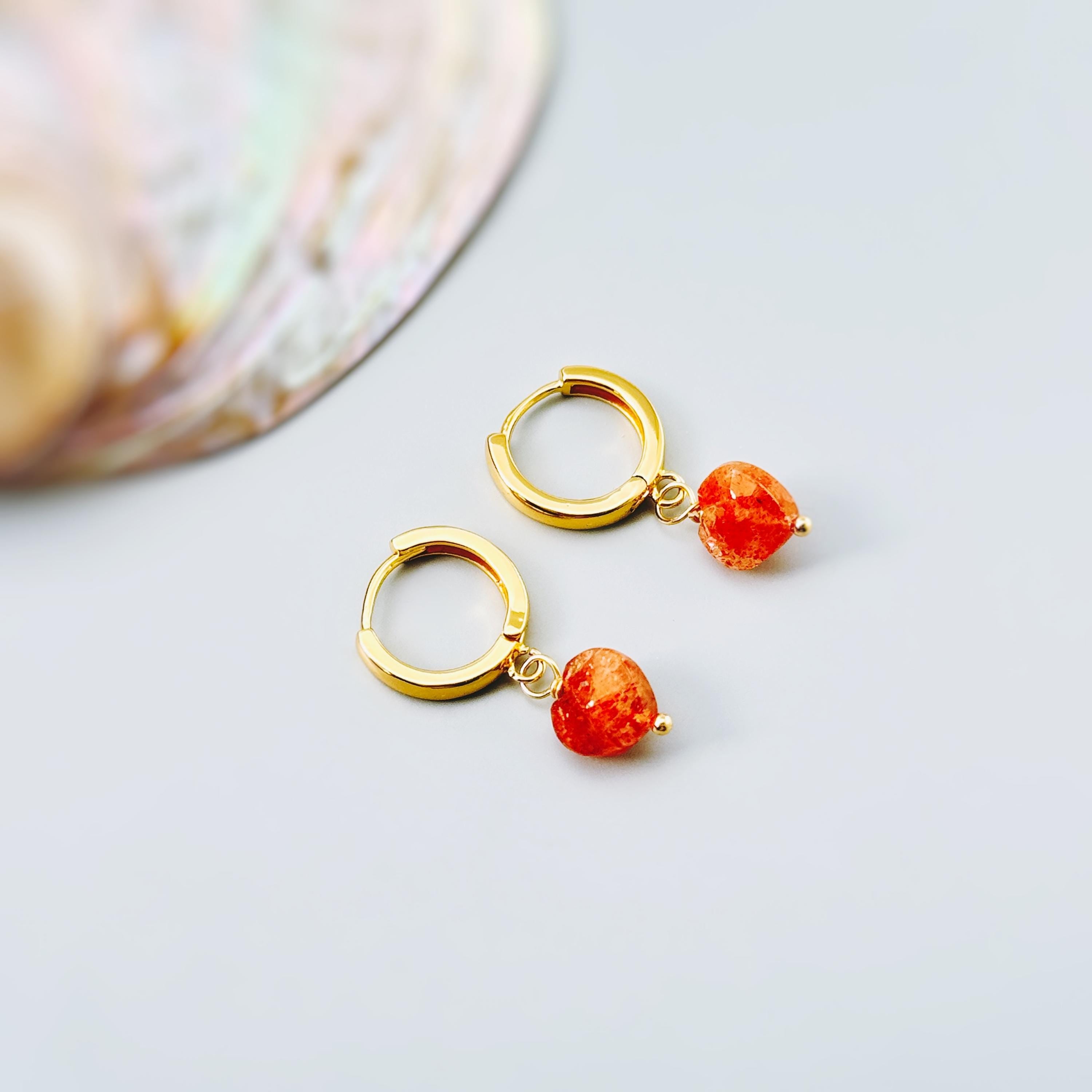 Sunstone Heart Earrings Gold Huggie Hoops Dangle charms Oregon Orange gemstone romantic birthday gift girlfriend wife sister daughter mom