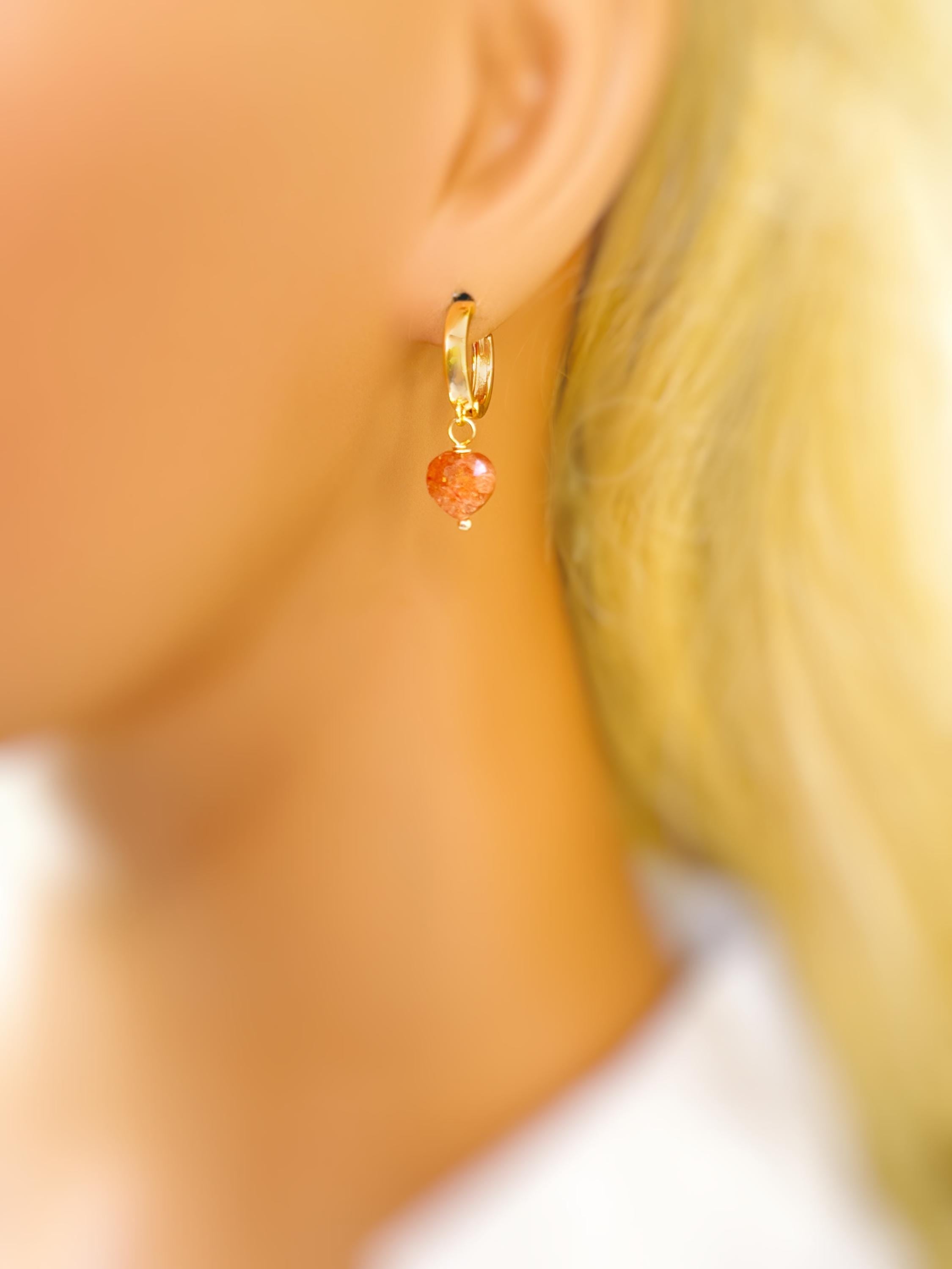 Sunstone Heart Earrings Gold Huggie Hoops Dangle charms Oregon Orange gemstone romantic birthday gift girlfriend wife sister daughter mom