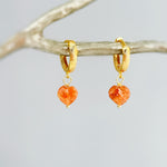 Sunstone Heart Earrings Gold Huggie Hoops Dangle charms Oregon Orange gemstone romantic birthday gift girlfriend wife sister daughter mom