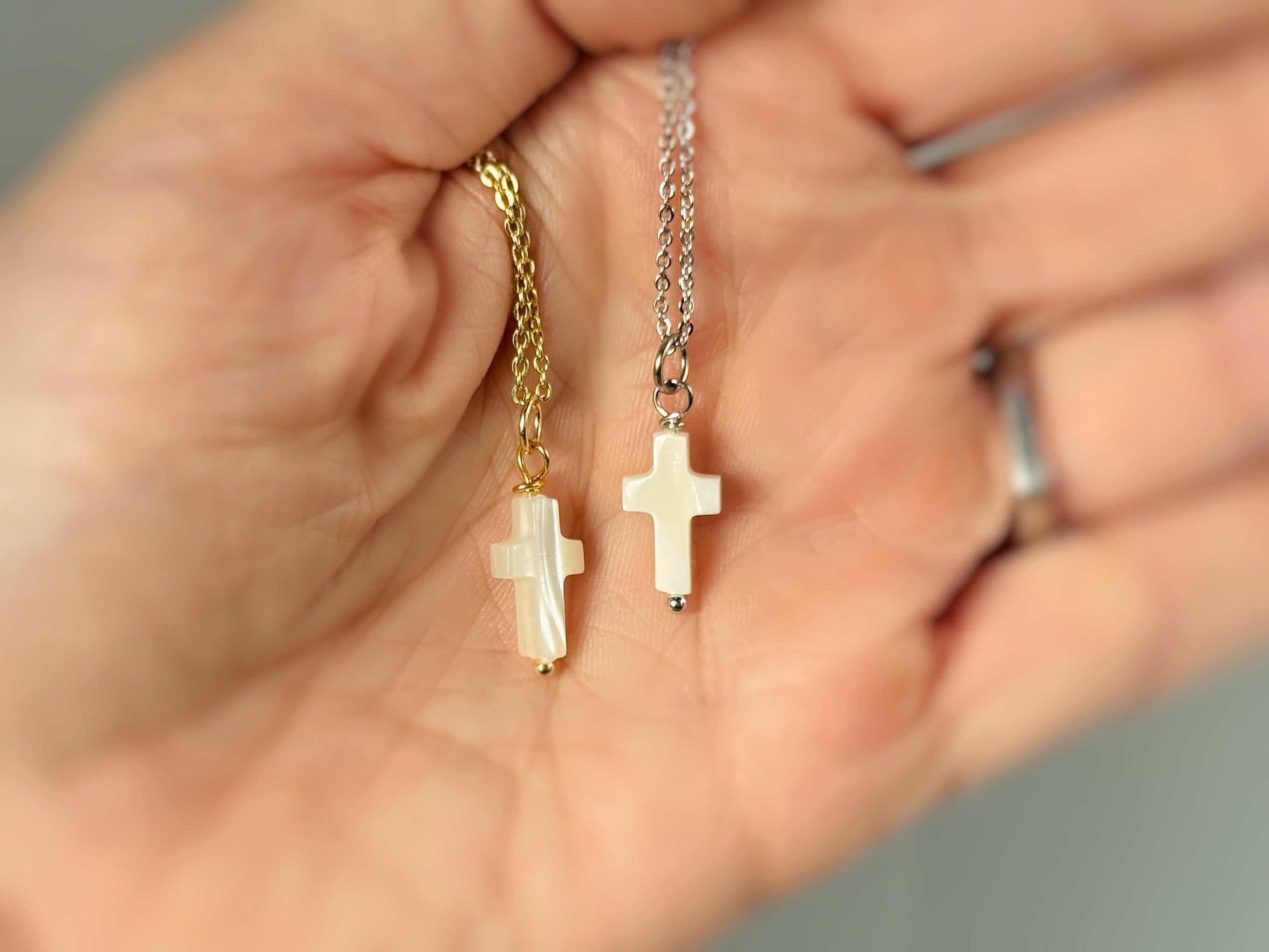 Dainty Mother of Pearl Cross Necklace 14k gold, sterling silver Catholic jewelry Christian faith necklace communion religious gift for her