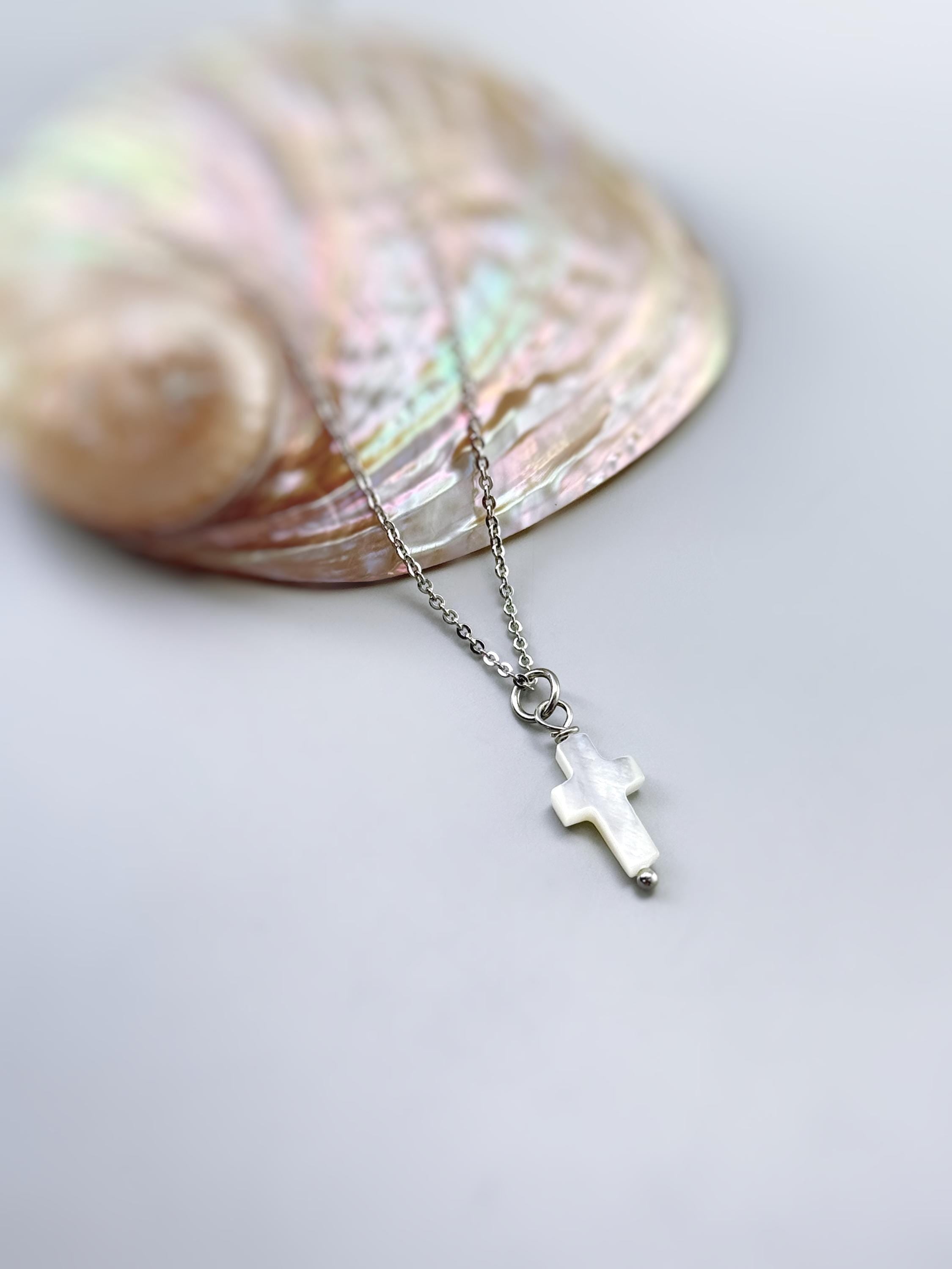 Dainty Mother of Pearl Cross Necklace 14k gold, sterling silver Catholic jewelry Christian faith necklace communion religious gift for her