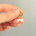 Dainty Gold Mother of Pearl Heart Earrings Huggie Hoops Dangle charms Silver, Rose Gold romantic June Birthstone birthday gift wife mom bff