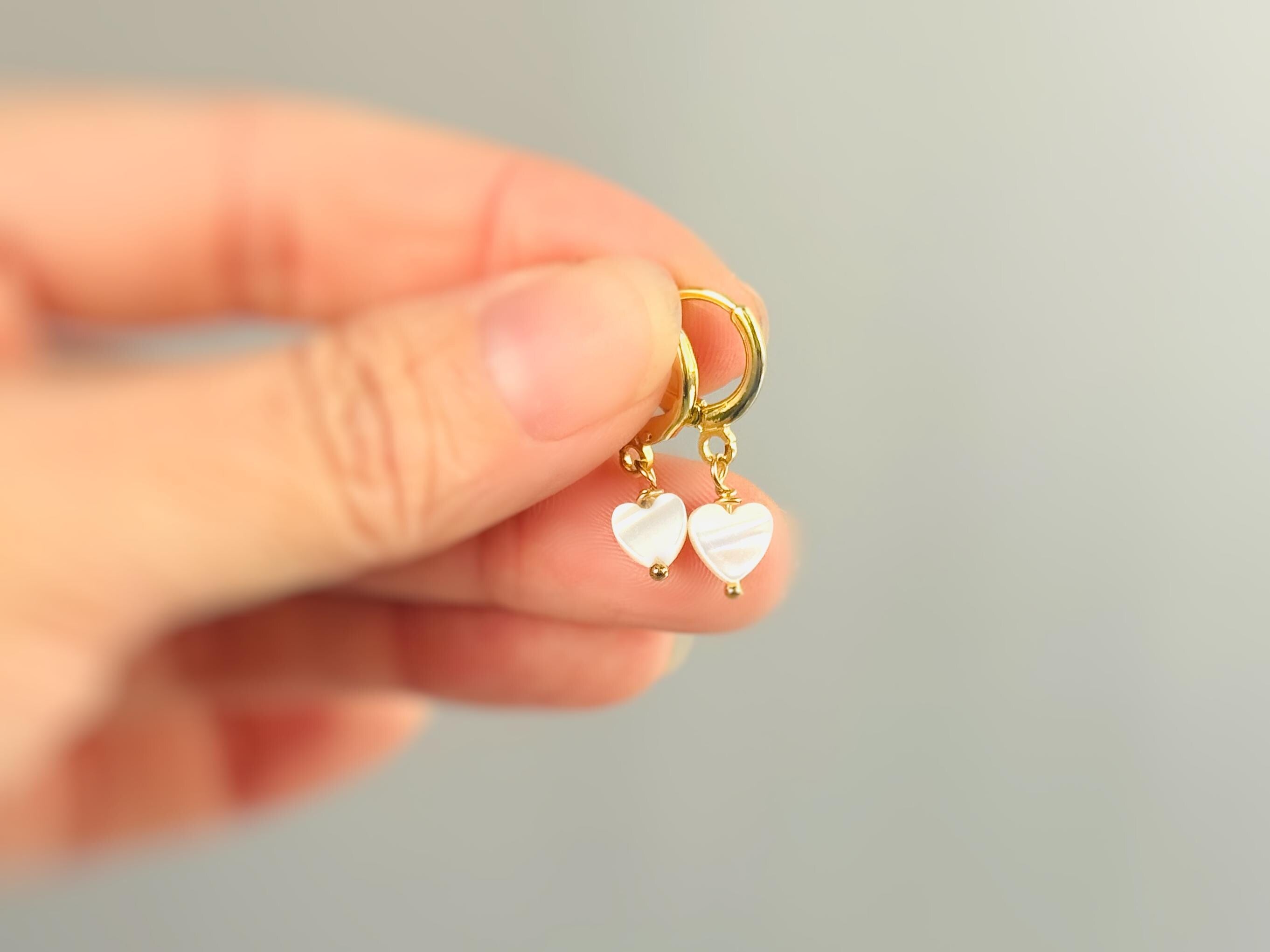Dainty Gold Mother of Pearl Heart Earrings Huggie Hoops Dangle charms Silver, Rose Gold romantic June Birthstone birthday gift wife mom bff