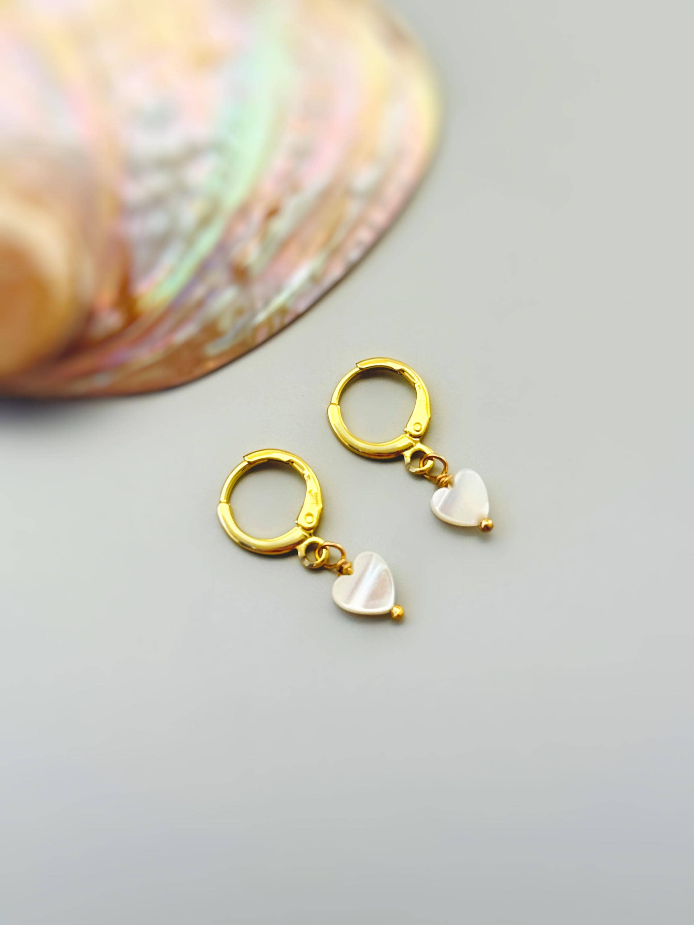 Dainty Gold Mother of Pearl Heart Earrings Huggie Hoops Dangle charms Silver, Rose Gold romantic birthday gift girlfriend wife sister mom