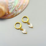 Dainty Gold Mother of Pearl Heart Earrings Huggie Hoops Dangle charms Silver, Rose Gold romantic June Birthstone birthday gift wife mom bff