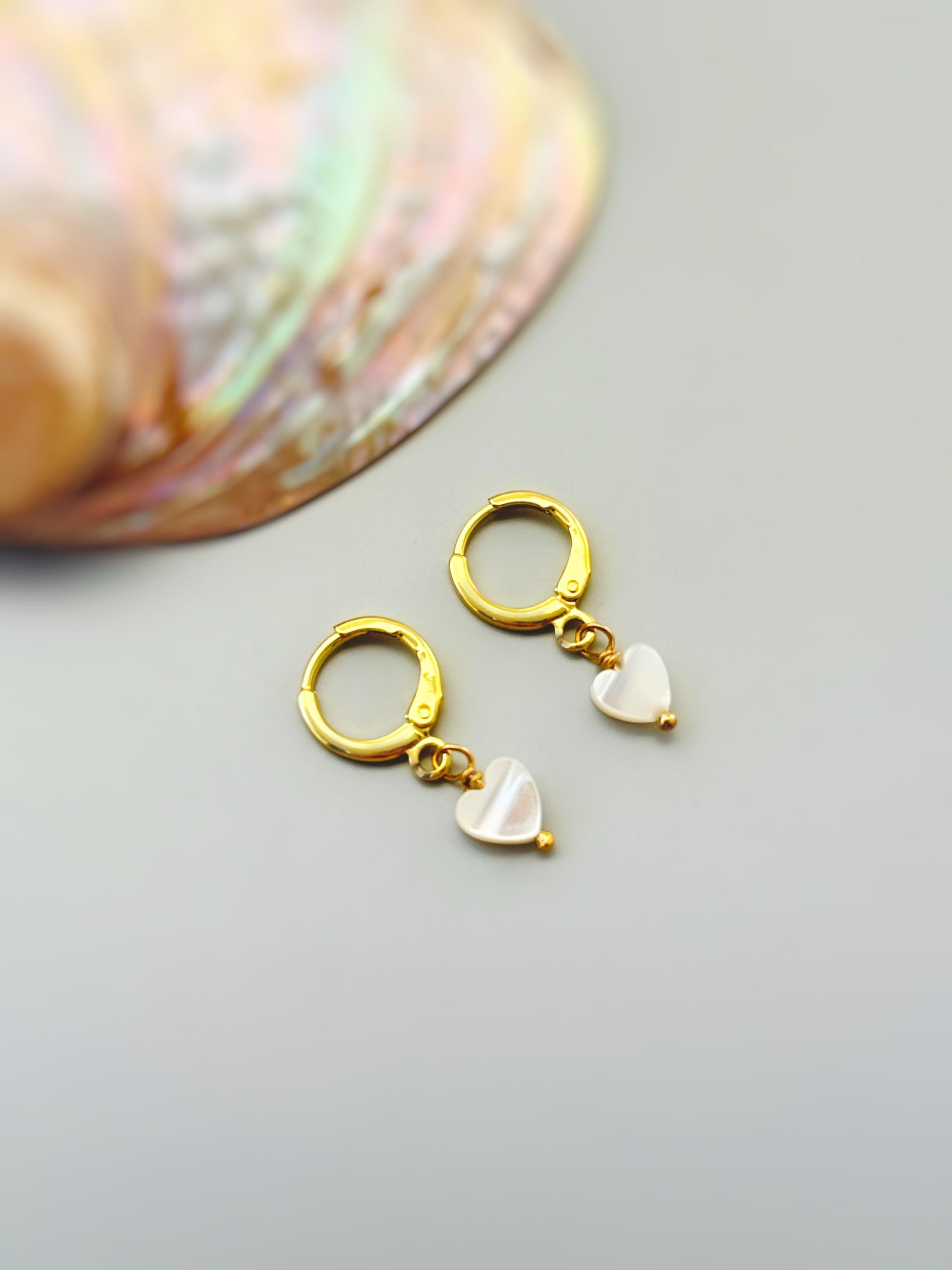 Dainty Gold Mother of Pearl Heart Earrings Huggie Hoops Dangle charms Silver, Rose Gold romantic June Birthstone birthday gift wife mom bff