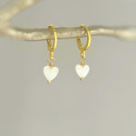 Dainty Gold Mother of Pearl Heart Earrings Huggie Hoops Dangle charms Silver, Rose Gold romantic birthday gift girlfriend wife sister mom