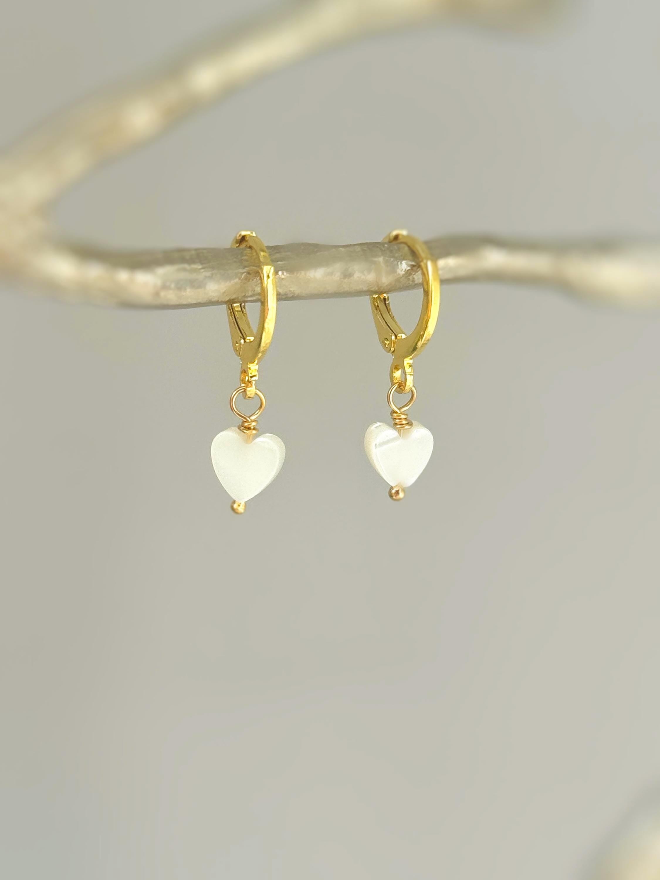 Dainty Gold Mother of Pearl Heart Earrings Huggie Hoops Dangle charms Silver, Rose Gold romantic birthday gift girlfriend wife sister mom