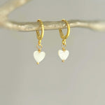 Dainty Gold Mother of Pearl Heart Earrings Huggie Hoops Dangle charms Silver, Rose Gold romantic birthday gift girlfriend wife sister mom