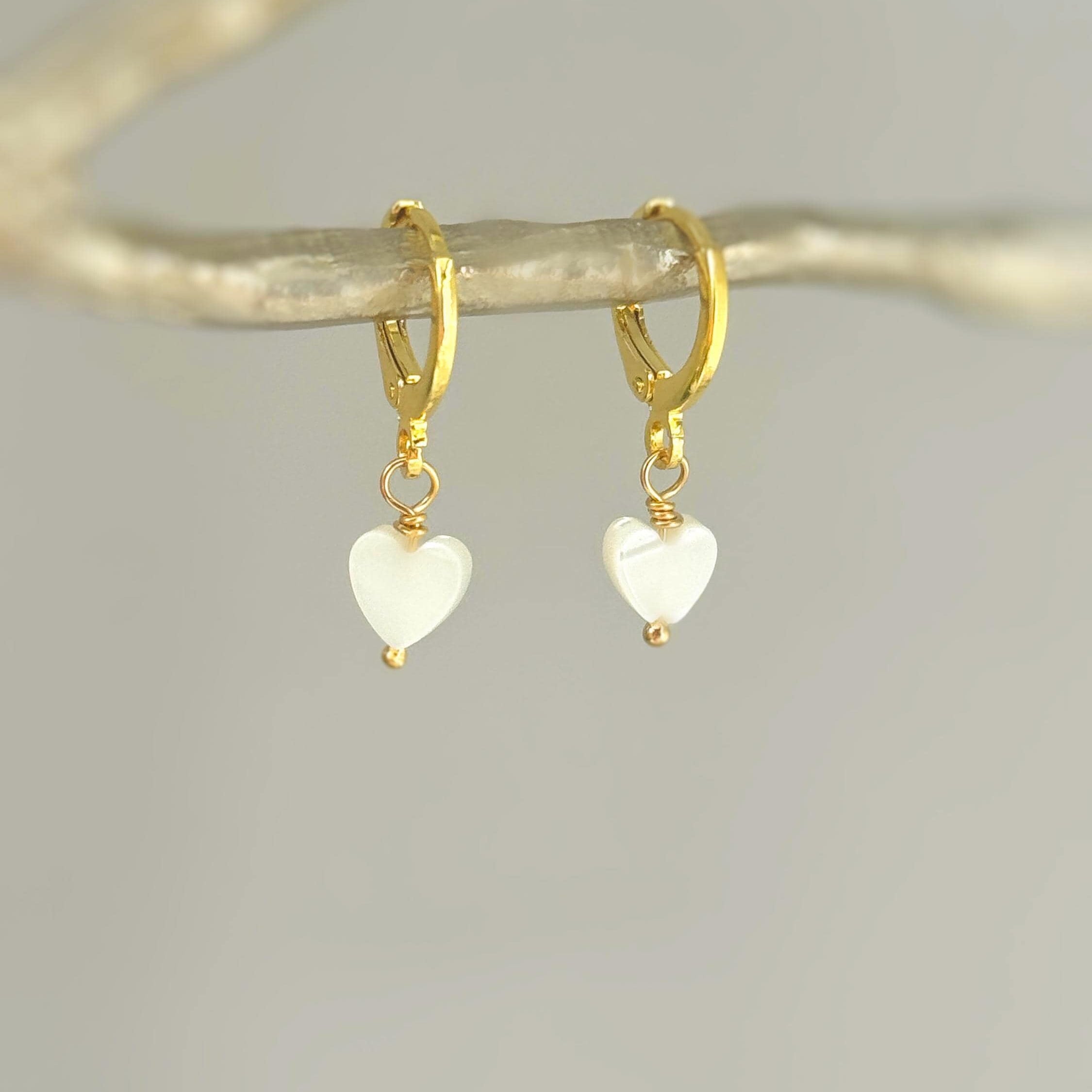 Dainty Gold Mother of Pearl Heart Earrings Huggie Hoops Dangle charms Silver, Rose Gold romantic birthday gift girlfriend wife sister mom