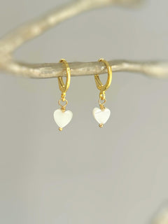 Dainty Gold Mother of Pearl Heart Earrings Huggie Hoops Dangle charms Silver, Rose Gold romantic birthday gift girlfriend wife sister mom