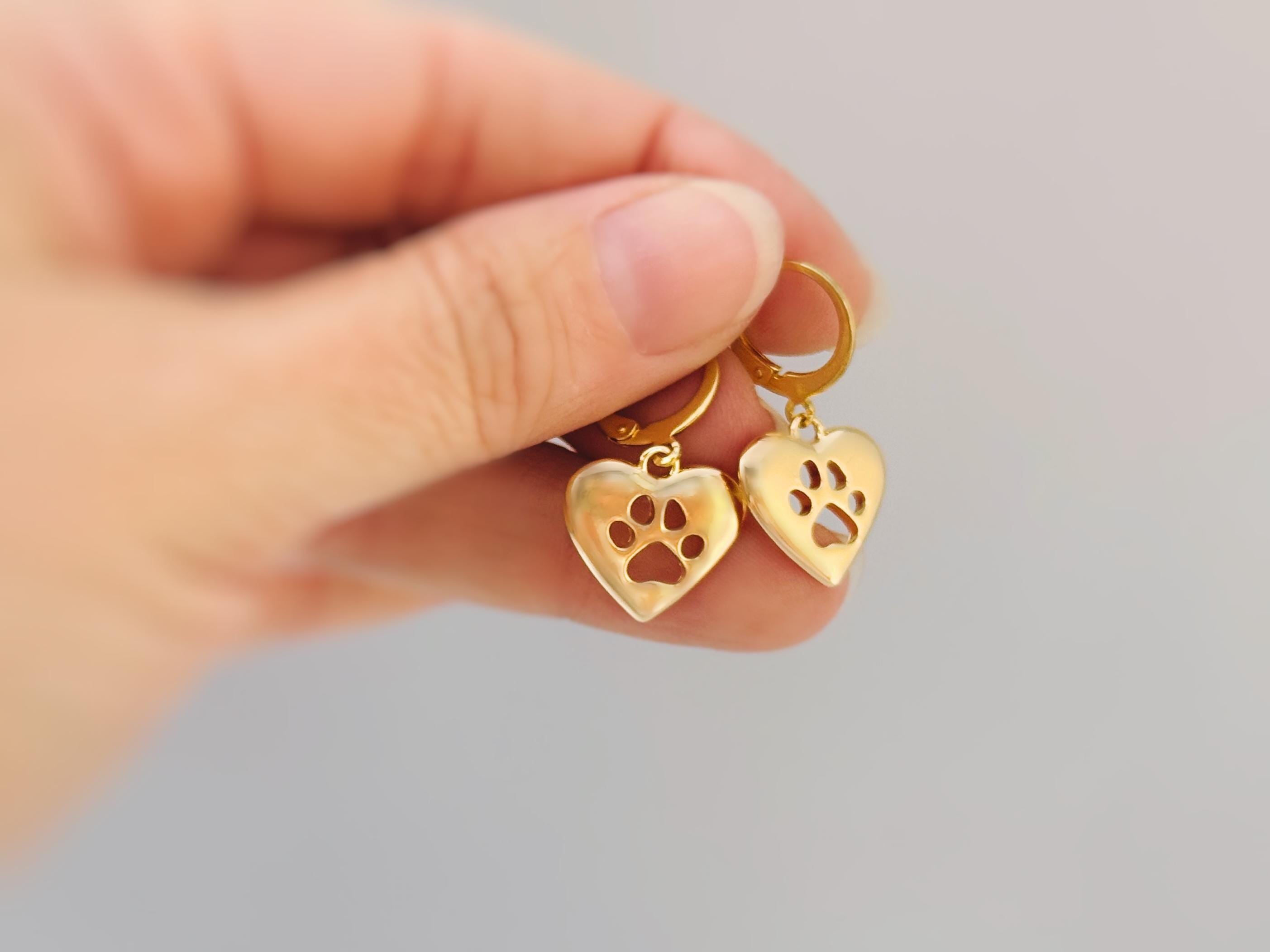 Gold Heart Dog Paw Print Earrings dangle Huggie Hoops handmade silver animal jewelry gift for dog moms animal lovers veterinarians vet techs