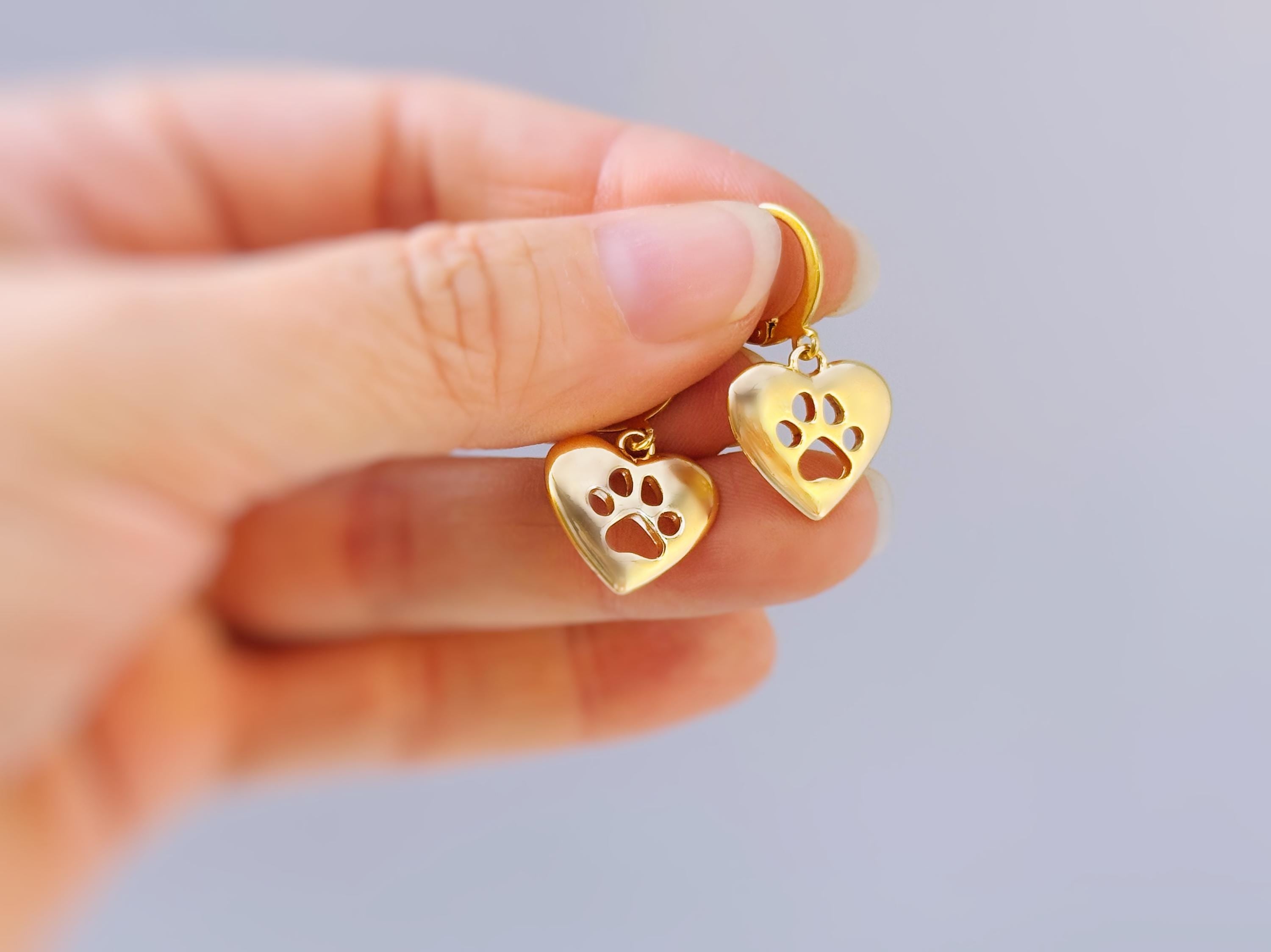 Gold Heart Dog Paw Print Earrings dangle Huggie Hoops handmade silver animal jewelry gift for dog moms animal lovers veterinarians vet techs