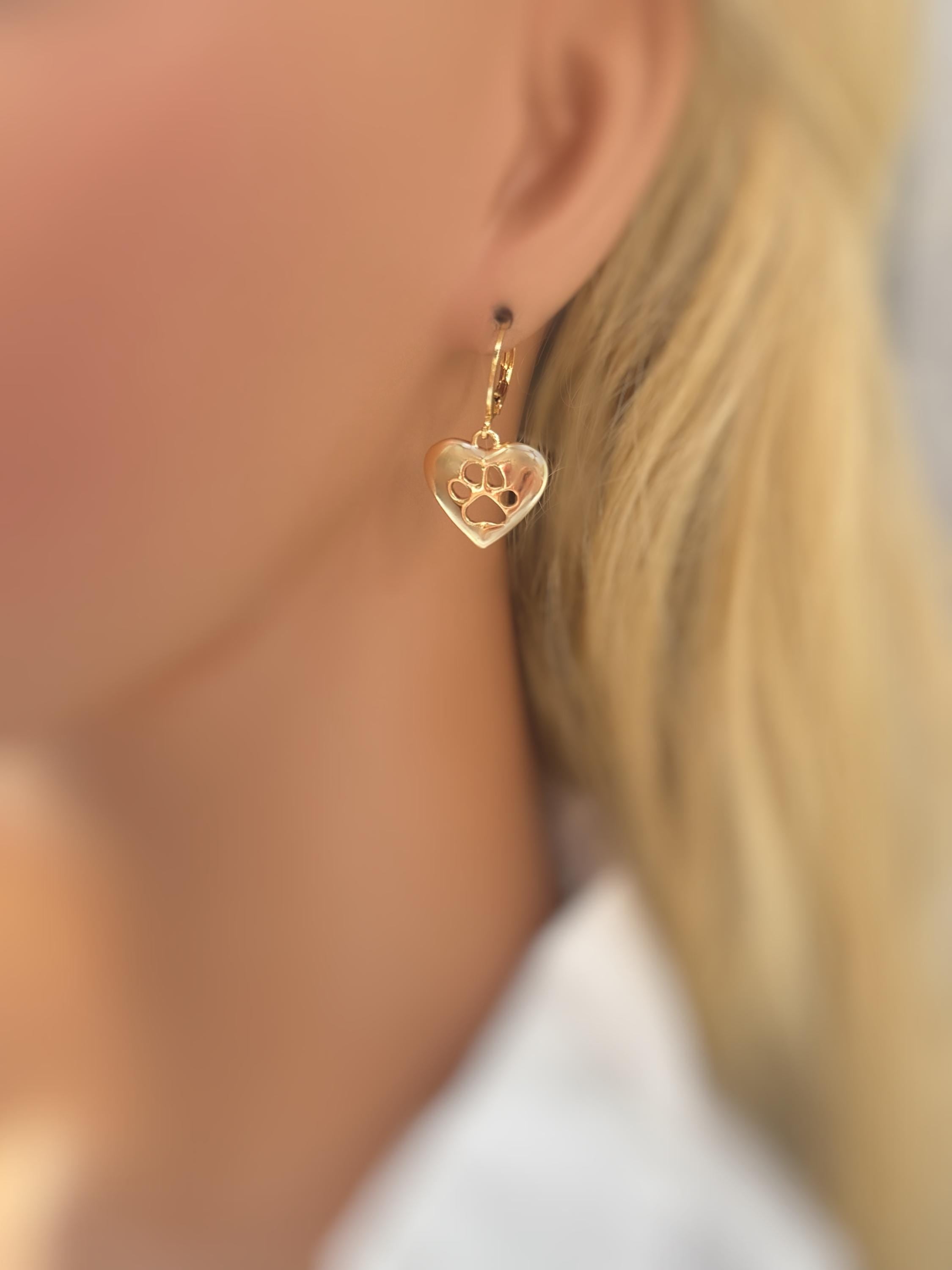 Gold Heart Dog Paw Print Earrings dangle Huggie Hoops handmade silver animal jewelry gift for dog moms animal lovers veterinarians vet techs