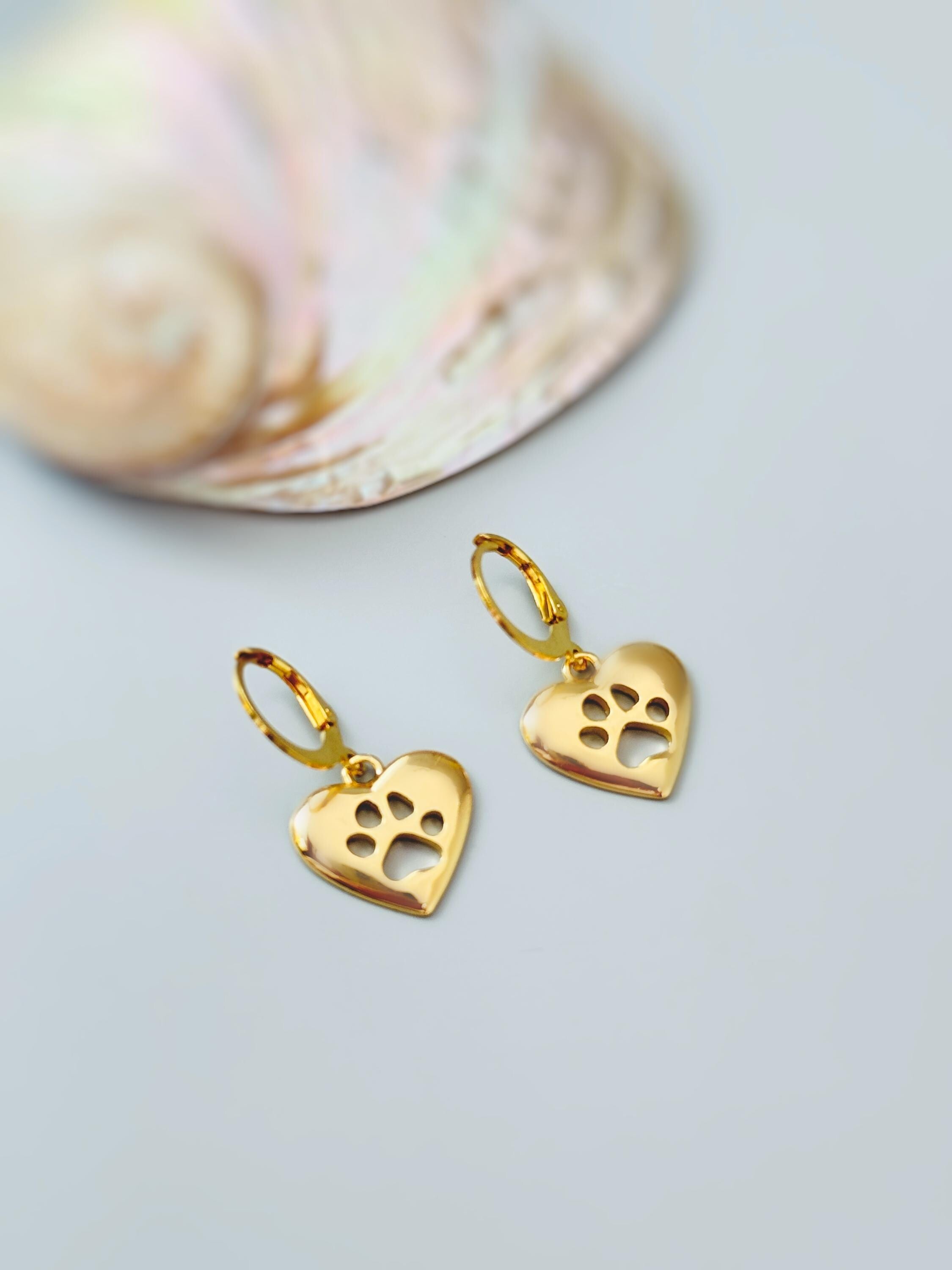 Gold Heart Dog Paw Print Earrings dangle Huggie Hoops handmade silver animal jewelry gift for dog moms animal lovers veterinarians vet techs
