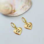 Gold Heart Dog Paw Print Earrings dangle Huggie Hoops handmade silver animal jewelry gift for dog moms animal lovers veterinarians vet techs